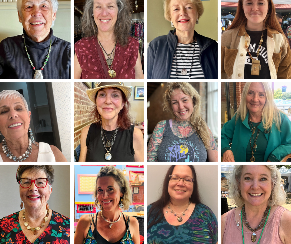 A collage of twelve women, all smiling and wearing various necklaces and accessories, in different indoor and outdoor settings.