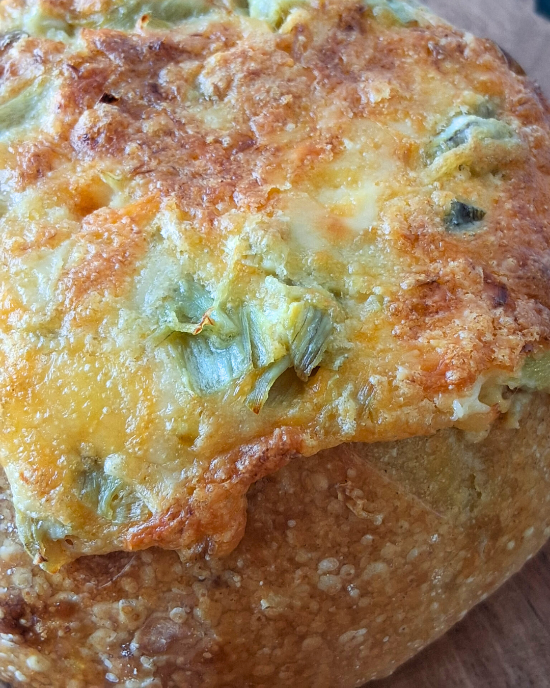 Triple Cheese Artichoke Dip - Baked in Sourdough