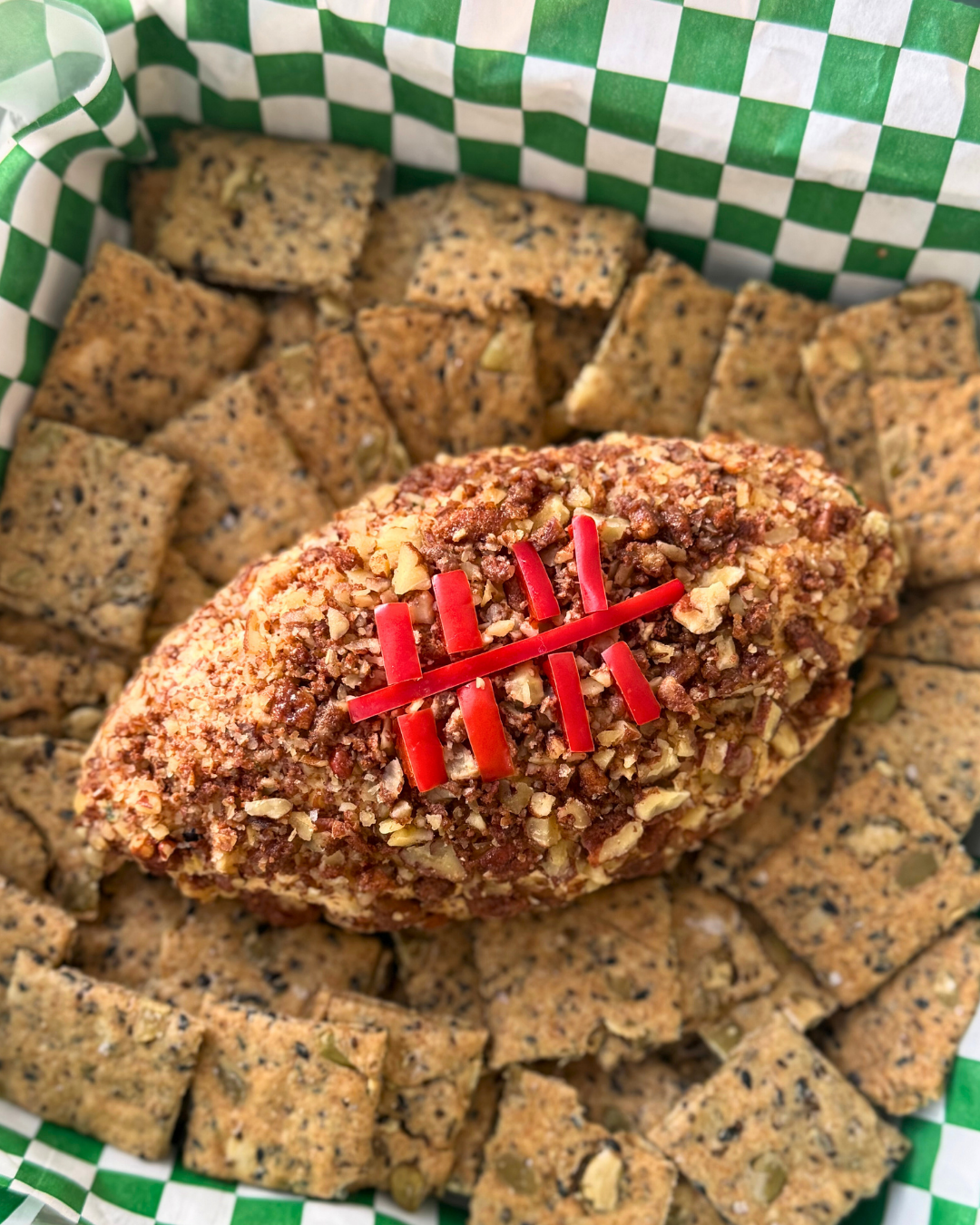 Football Shaped Cheese Ball w/ Crackers