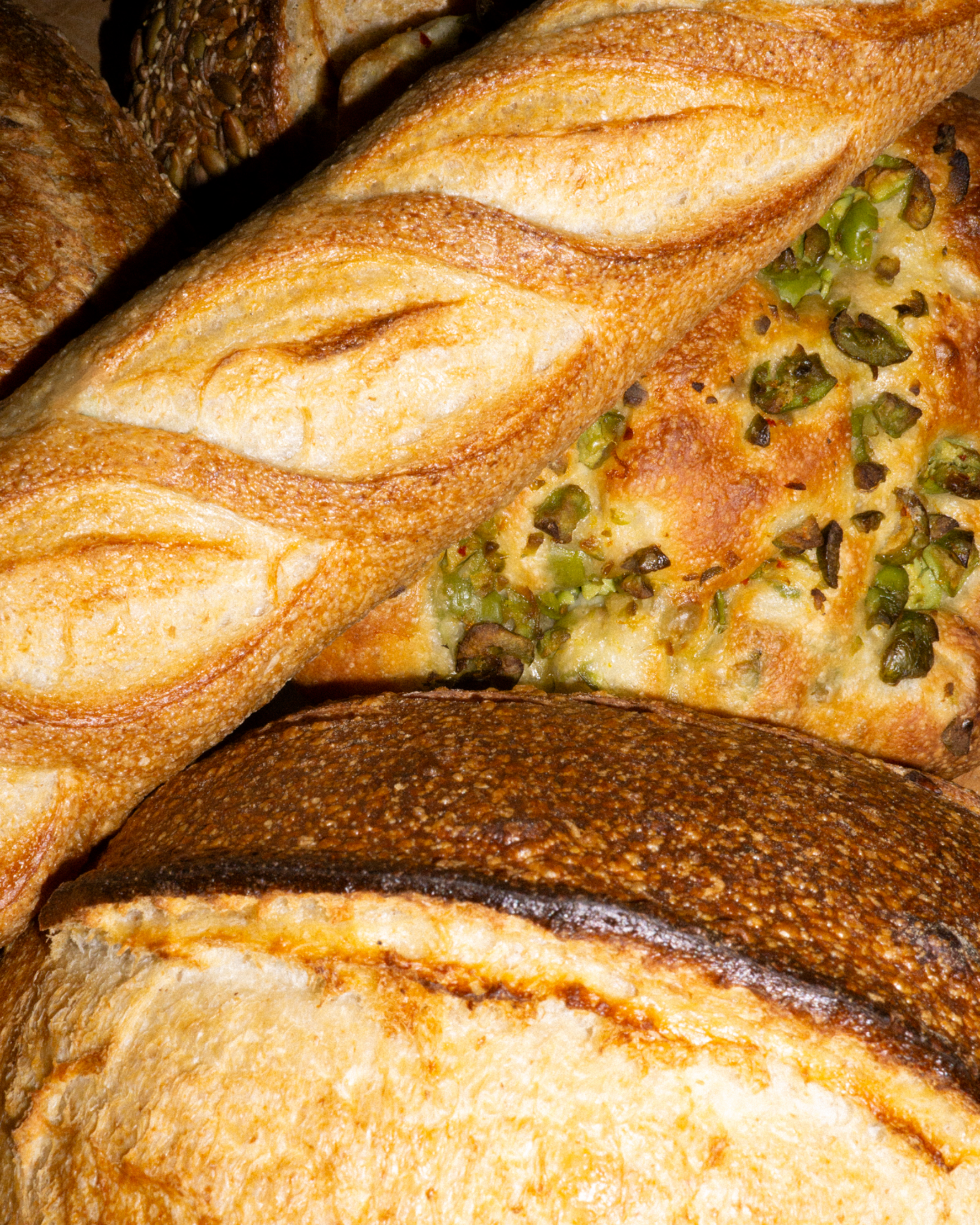 sourdough bread, sourdough baguette, olive focaccia