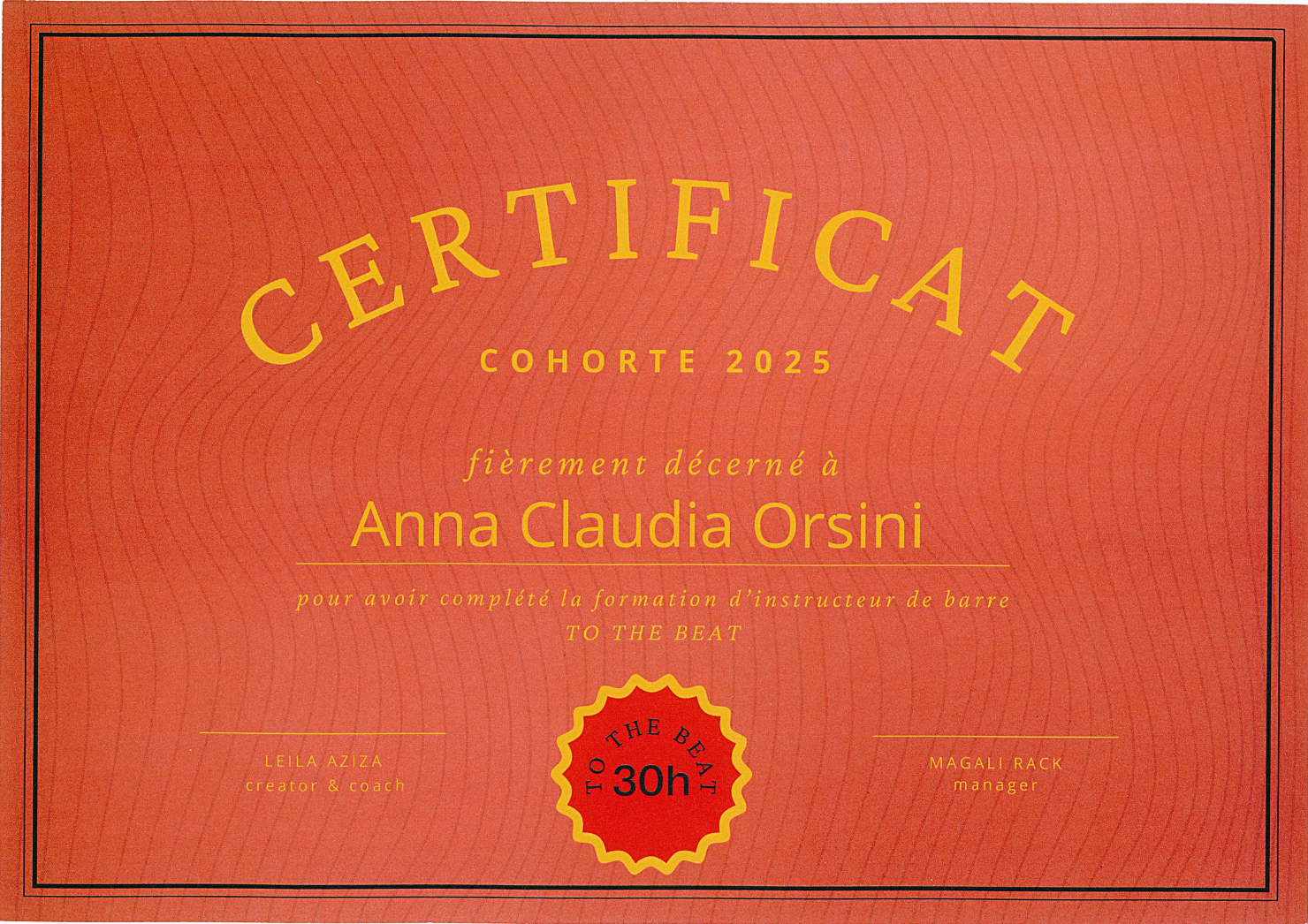 Barre: To the Beat Certificate