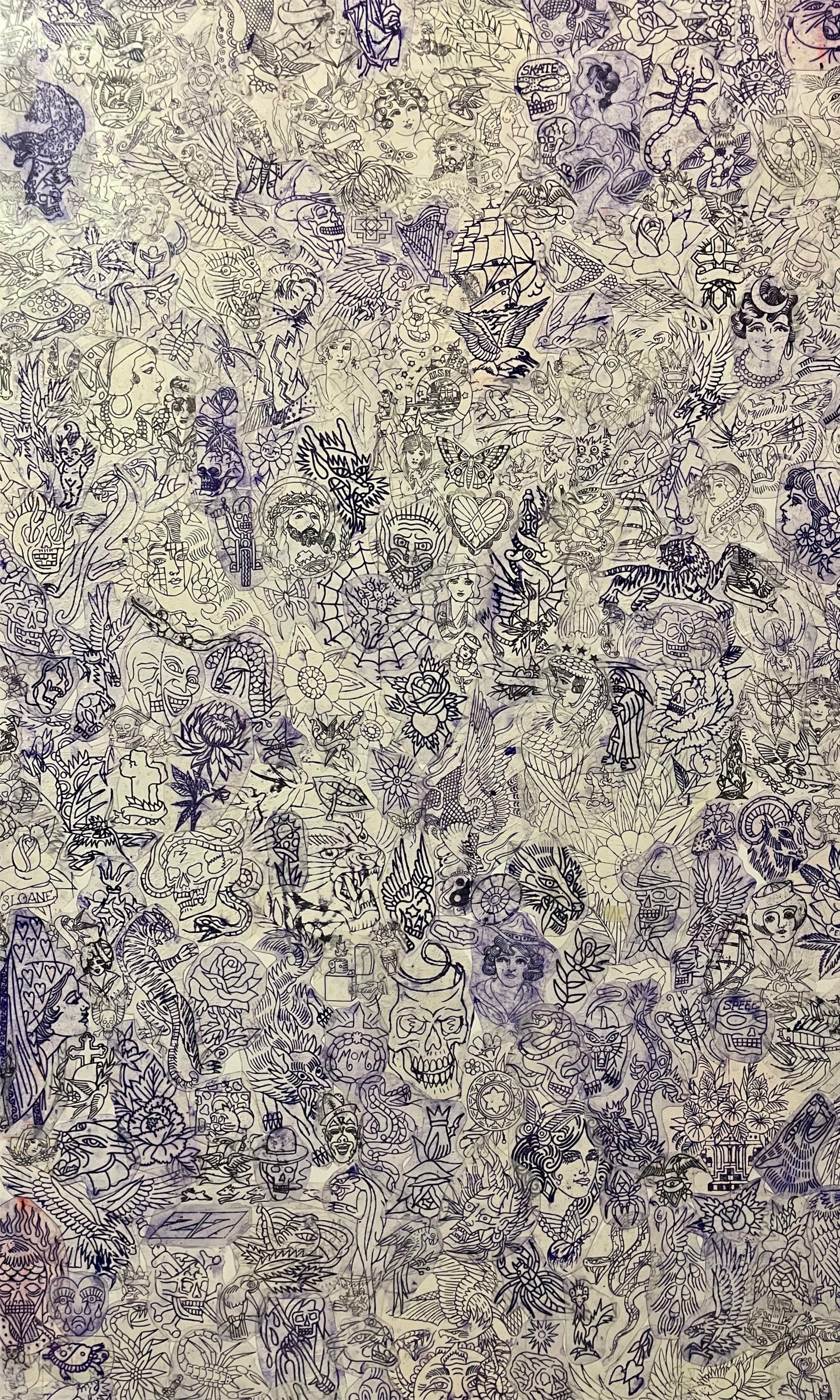 A dense collection of black ink doodles and sketches on a light background, featuring various images such as skulls, animals, flowers, human faces, mythological creatures, and abstract designs.