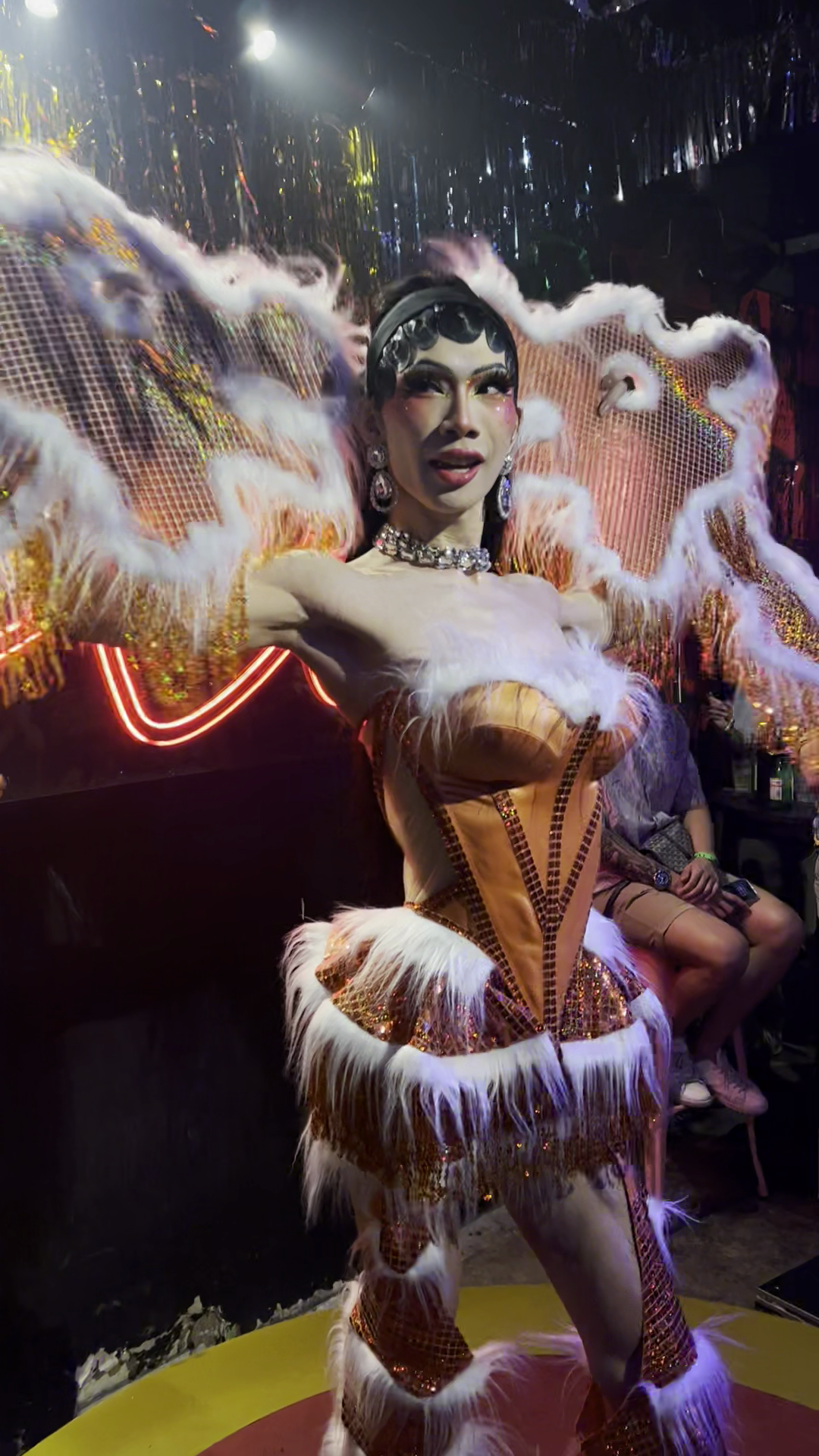 Person dressed in a colorful, feathered, and sequined costume with large wings, performing or posing on stage at a entertainment event.