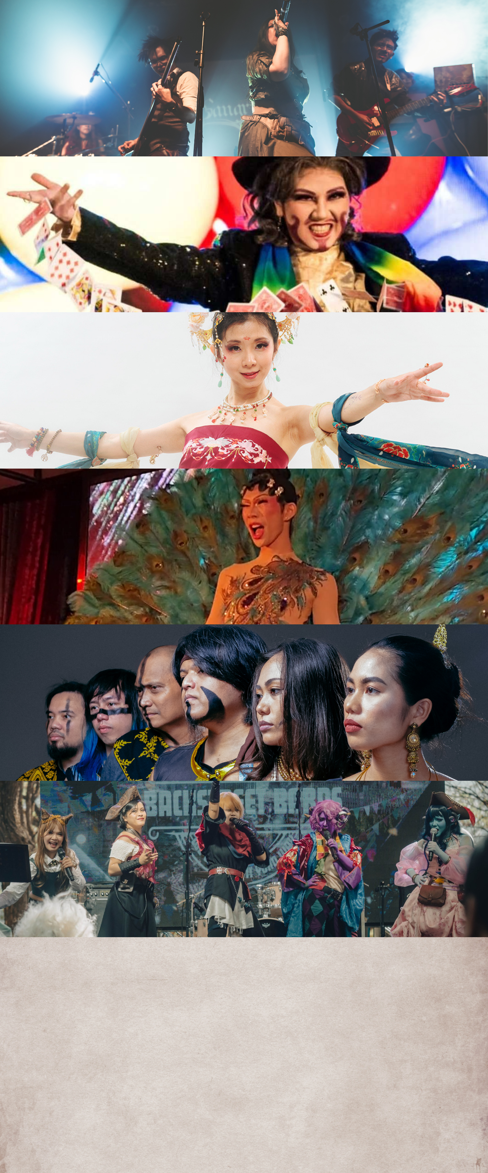 A collage of six images showing diverse musical and performance groups, including bands, singers, and traditional dancers, performing on stage or in studio settings.