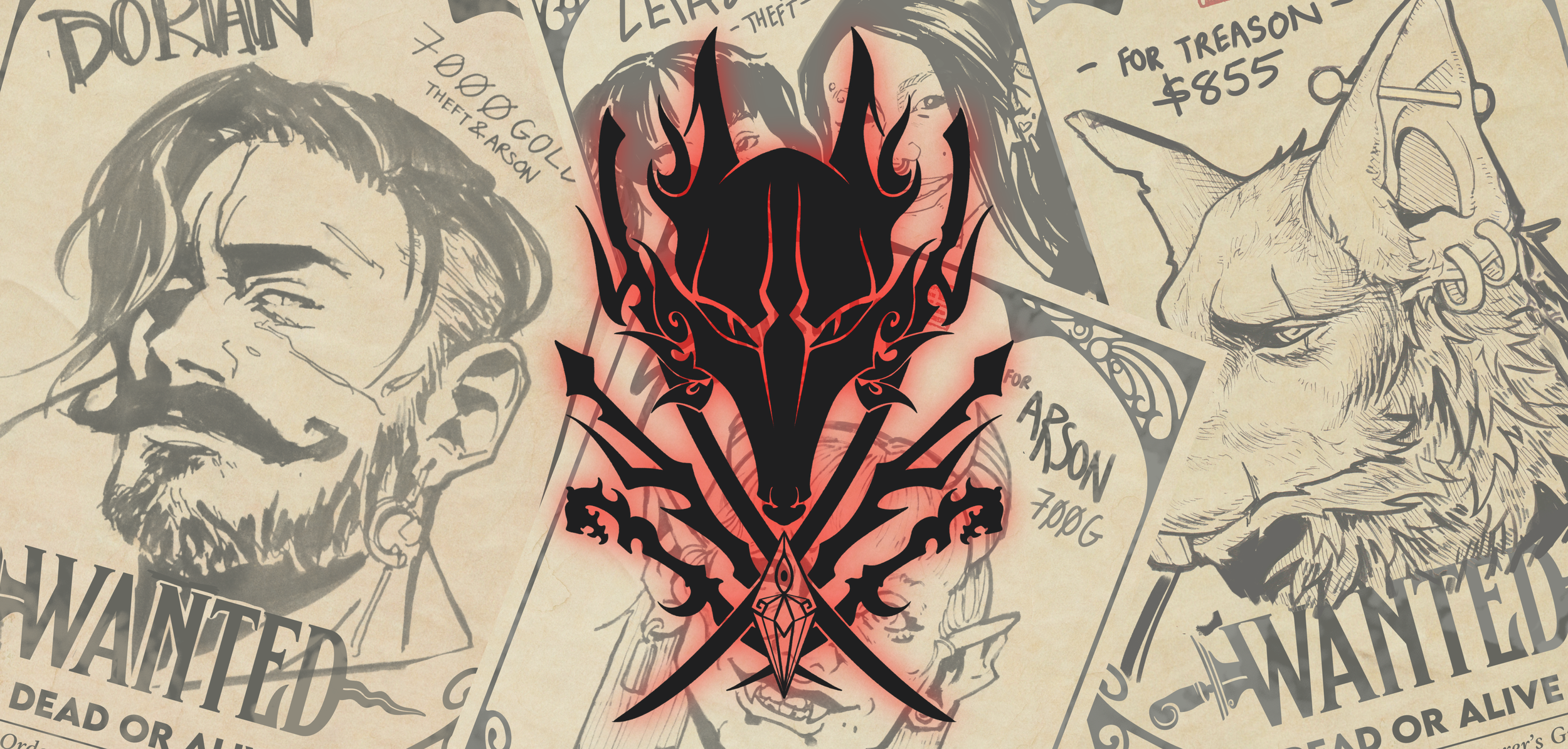 Various black-and-white sketches of characters, including a man with glasses and a beard, a woman, and a lion with a collar. Overlaid with a large, black and red, intricate demon-like symbol in the center.