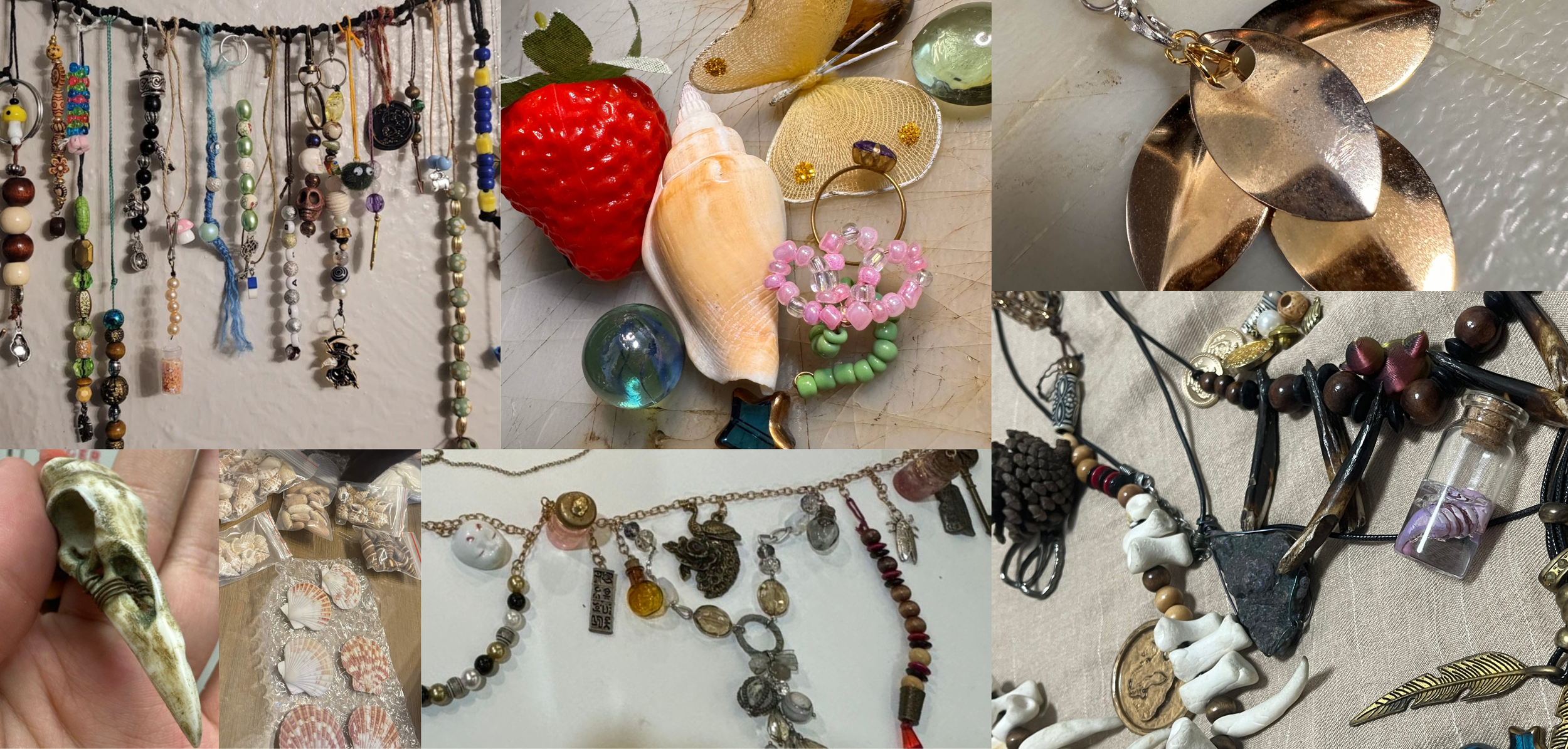 A collage of jewelry items including necklaces with beads, shells, and charms; a pair of gold earrings; a pink beaded bracelet; a glass marble; small plastic bags with shells and other small objects; a skull ring; various necklaces with pendants, shells, and stones; and large shell and coral jewelry pieces.