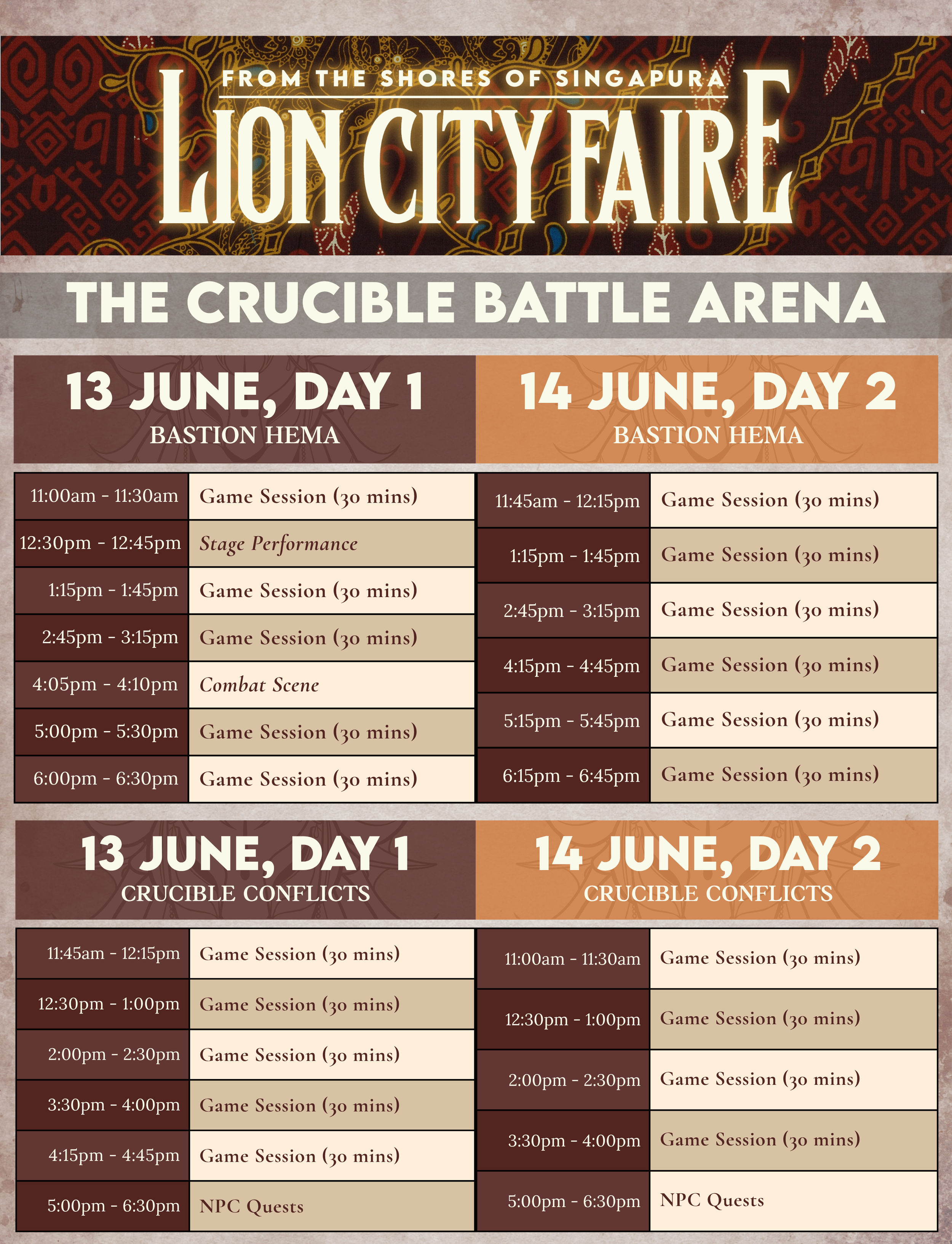 Schedule for the Lion City Fair at The Crucible Battle Arena, June 13 and 14, featuring game sessions, stage performances, combat scenes, NPC quests, and conflicts.