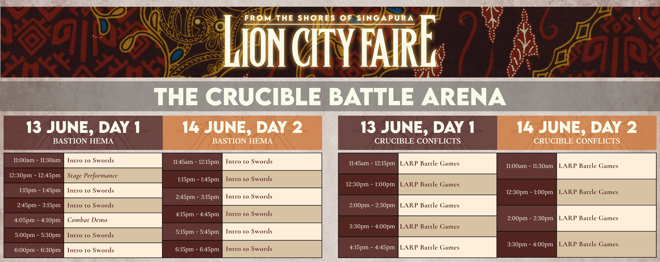 Schedule for Lion City Faire's Crucible Battle Arena on June 13 and 14, including specific events and times for each day.