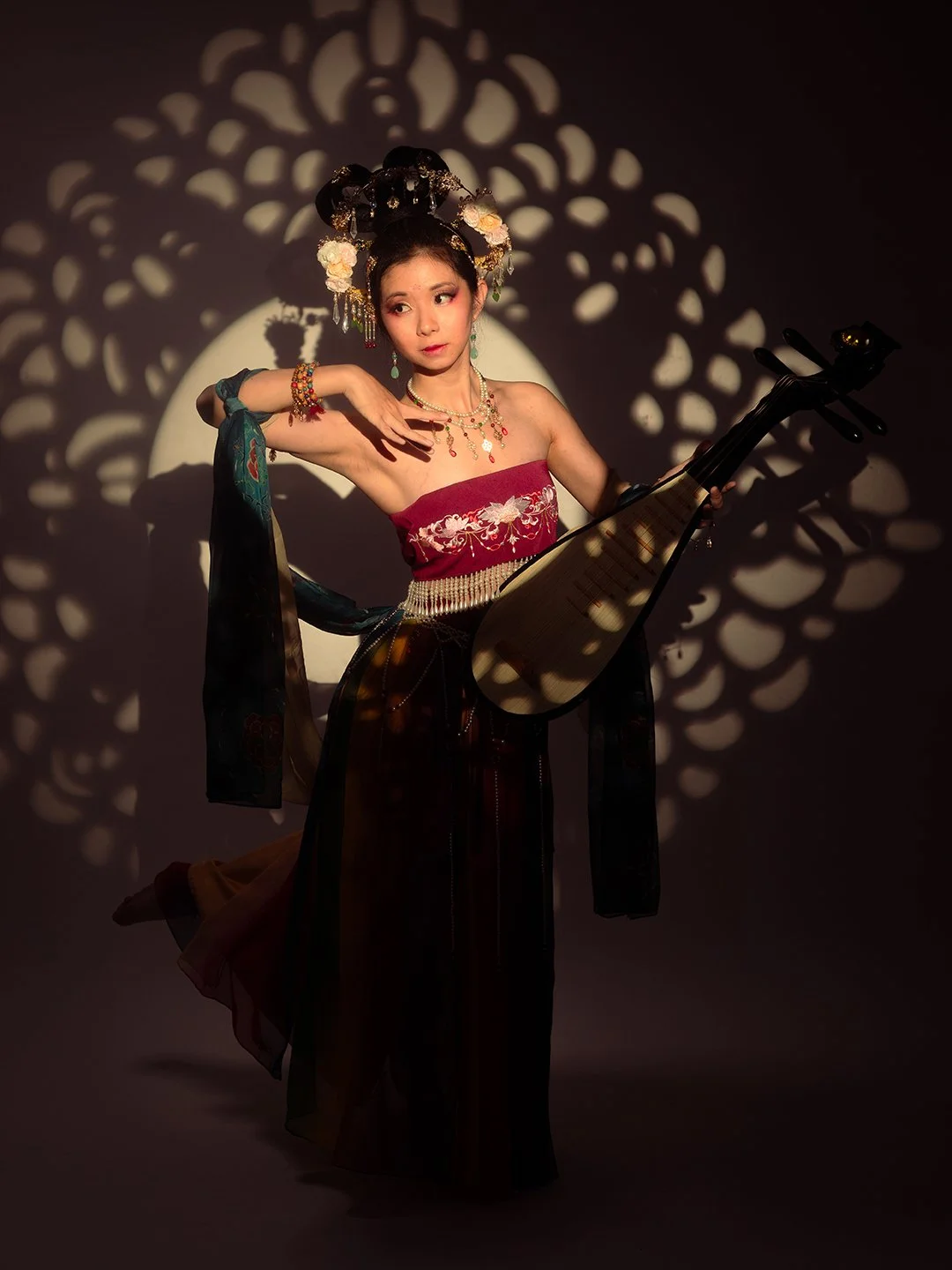 A woman dressed in traditional Asian attire holds a musical instrument, with intricate shadow patterns created by the lighting behind her.