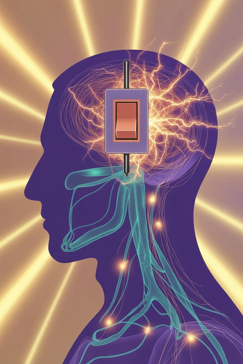A human head silhouette with a glowing brain and nervous system, featuring a switch symbolizing mental activation, neural pathways, energy flow, and brain function.