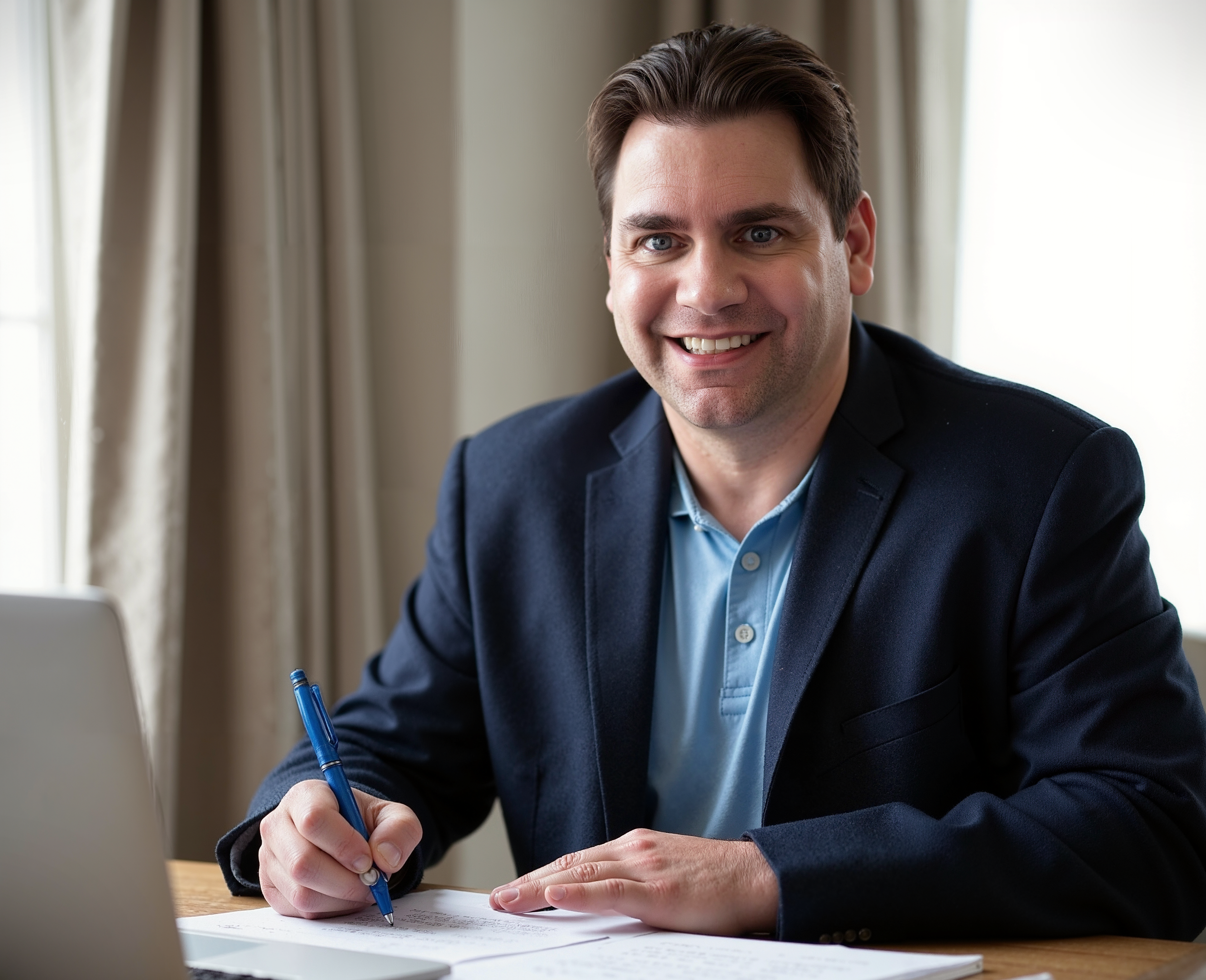 Brian working on his desk, smiling