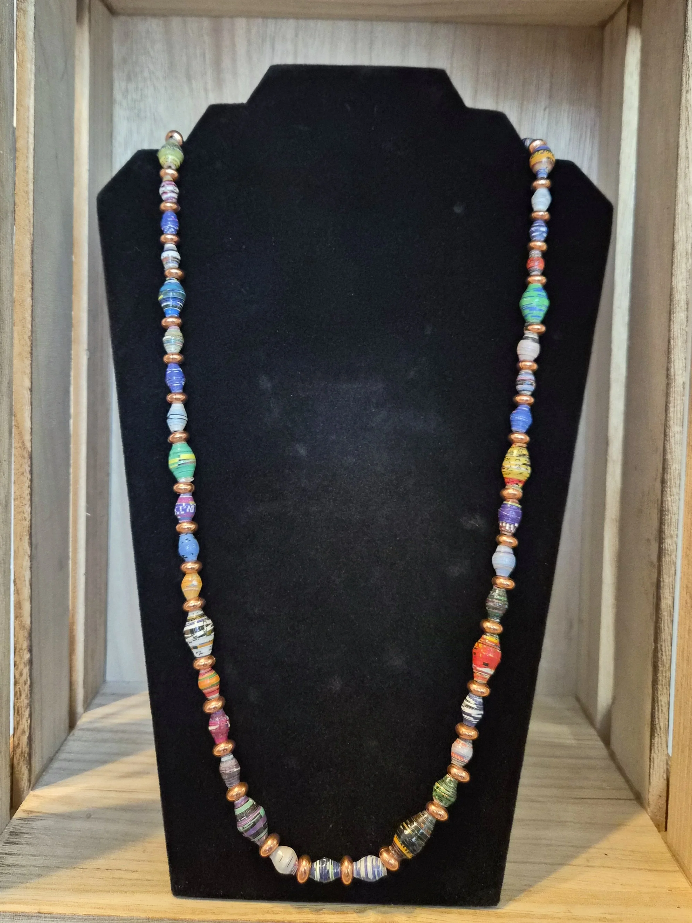 Copper+recycled paper bead necklace