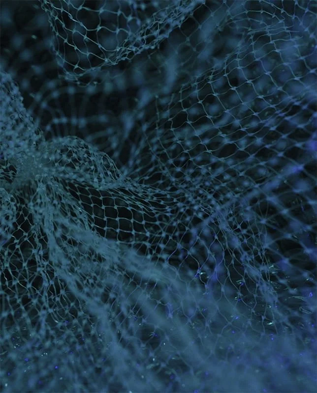 Close-up of a dark blue, web-like mesh or net material with a textured, layered appearance.