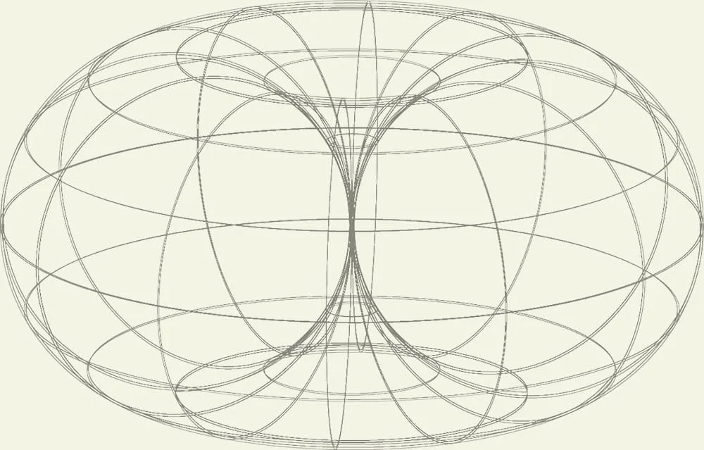 A complex geometric line drawing with interconnected elliptical shapes forming a symmetrical pattern.