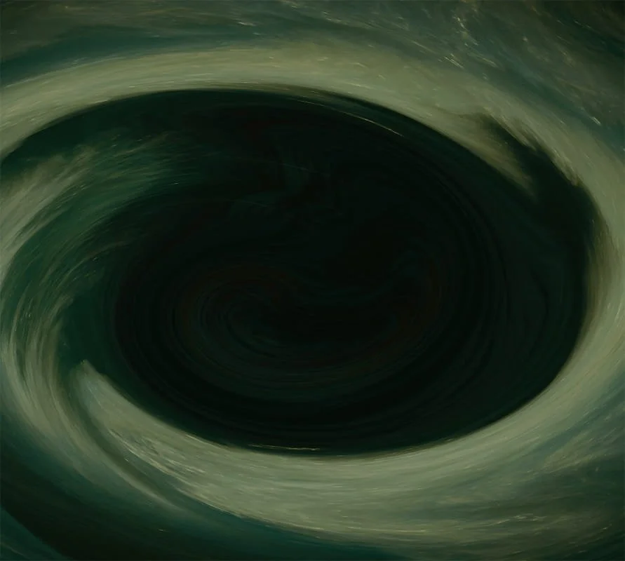 Swirling dark vortex or whirlpool with greenish and yellowish hues.