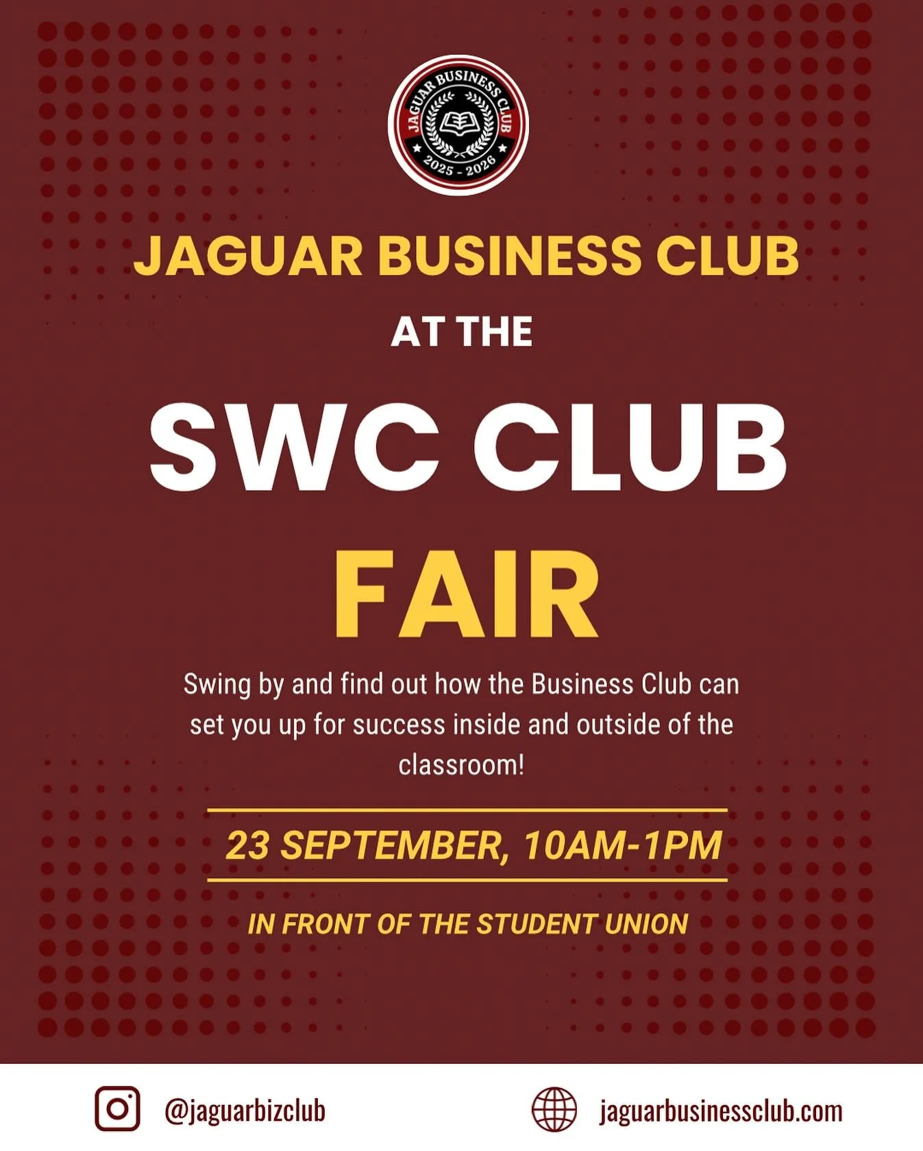 Come see us at the SWC Club fair to learn more about the Jaguar Business Club and everything we have to offer.

📅 September 23, 2025
⏰ 10AM-1pm
📍In front of the Student Union

Hope to see you there!

@swcaso @swc_aso