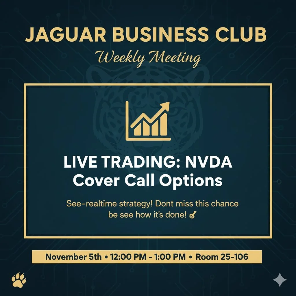 This Wednesday, November 5th, the Jaguar Business Club is focusing on crucial risk management strategies for options trading. We&rsquo;ll be using live cover call option trades on NVDA as our case study. Understanding how to protect your capital is j