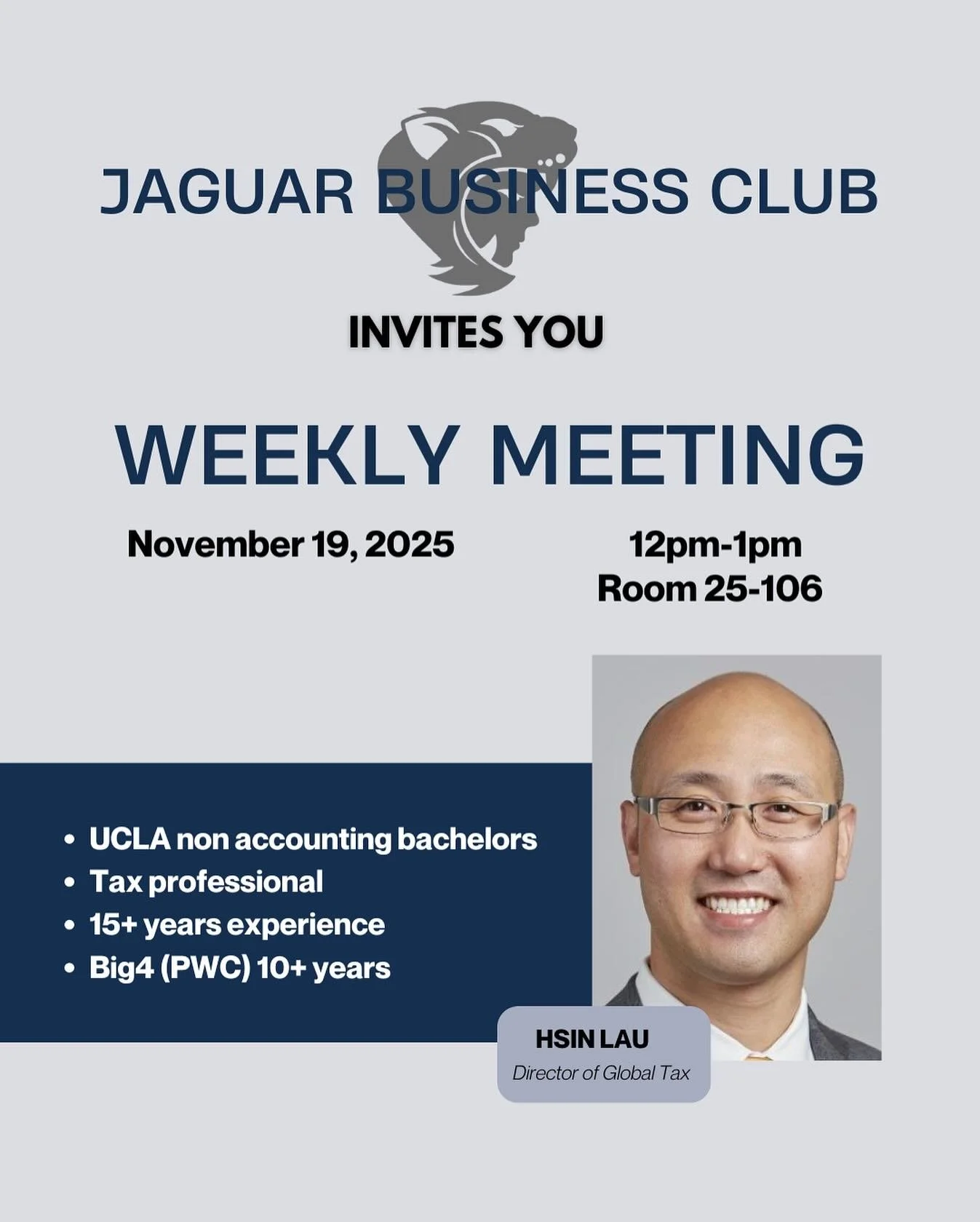 📢 UPCOMING SPEAKER ALERT! 📢

The Jaguar Business Club is proud to welcome Hsin Lau for an exclusive session on navigating the world of high-level accounting!

From the &ldquo;Big 4&rdquo; to the startup world, Hsin brings over 15 years of experienc