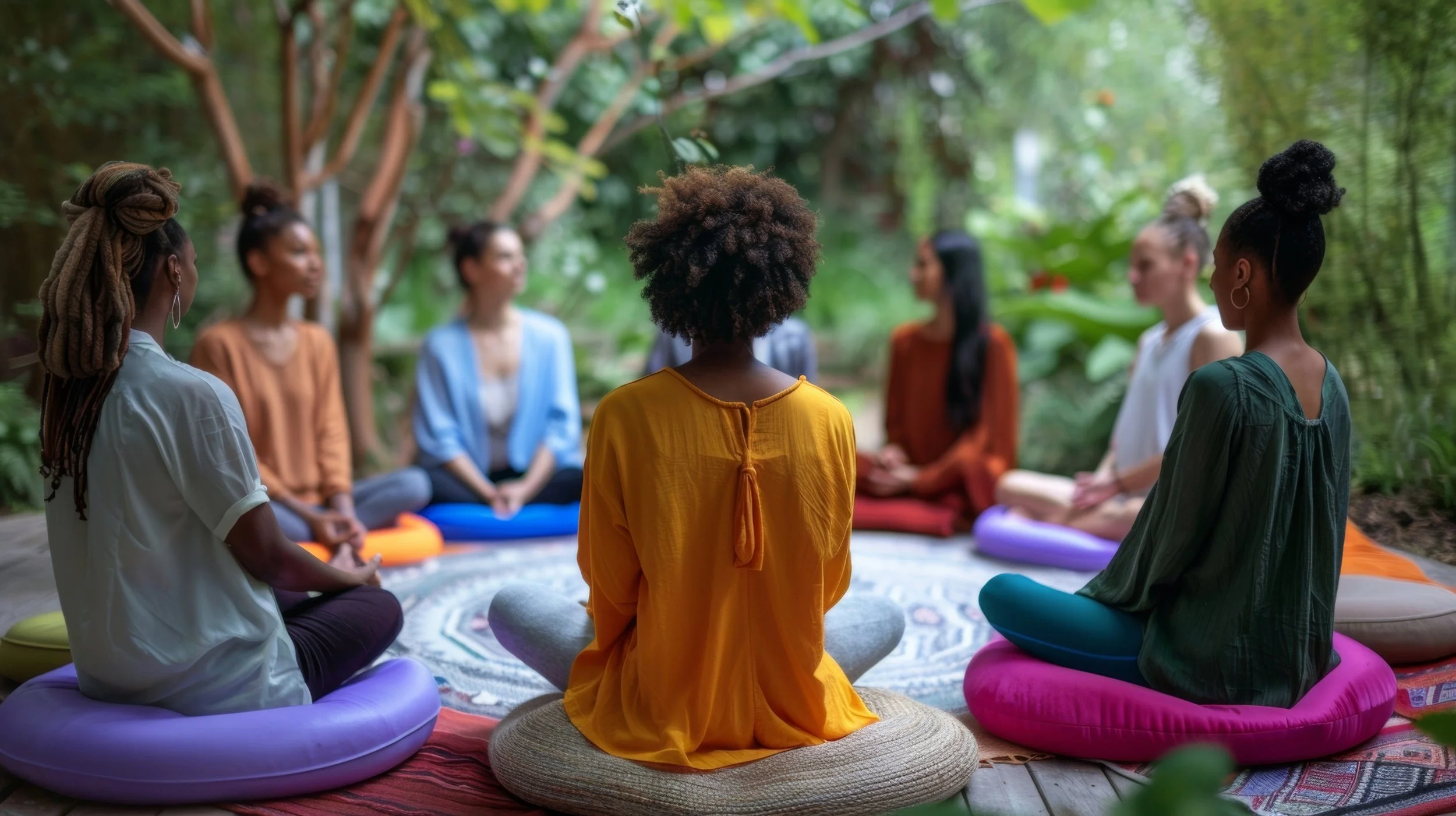 Group of women practicing meditation outdoors in a circle surrounded by green plants. They are seated on colorful cushions and mats, with some women wearing bright-colored clothing.