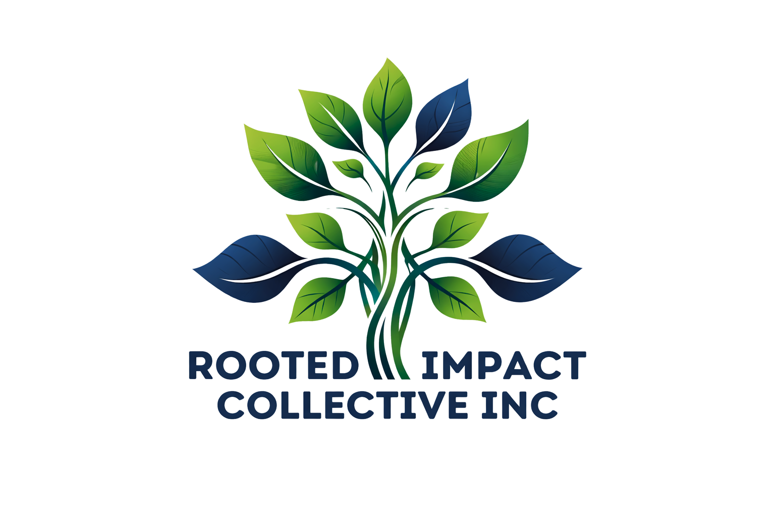 A logo featuring a green and blue plant with multiple leaves, with the words "Rooted Impact Collective" beneath it.