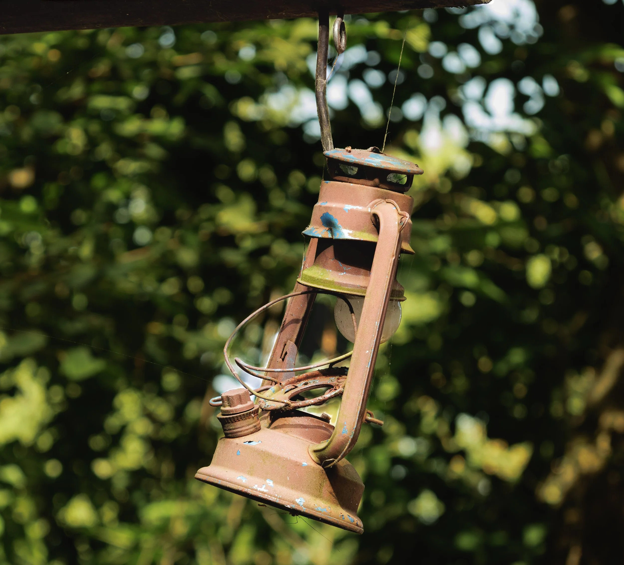 A rusty old lantern hanging from a branch with a blurred green natural background.