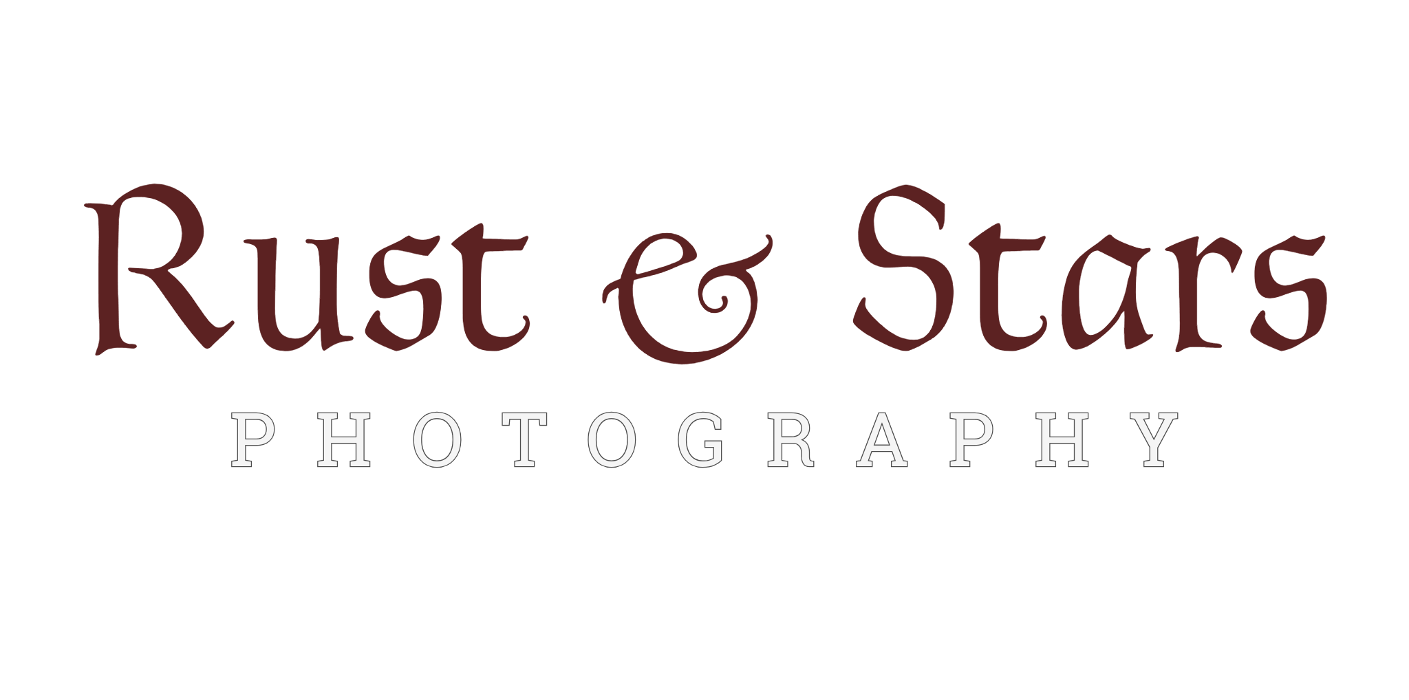 Rust & Stars Photography logo featuring stylized text with a black background.