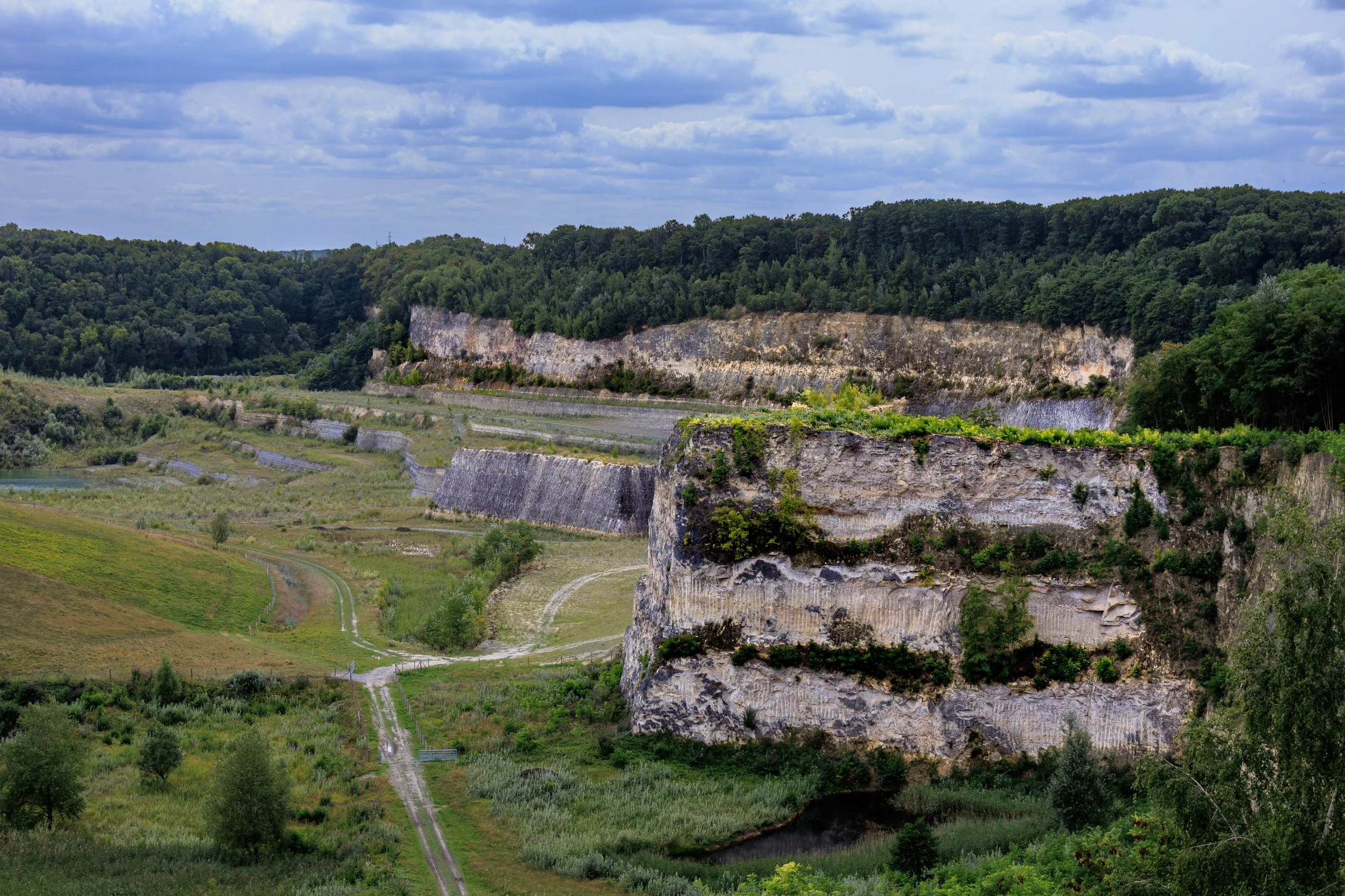 Scenic view of a quarry with layered rock formations, surrounded by green trees and open grassy areas, under a partly cloudy sky.