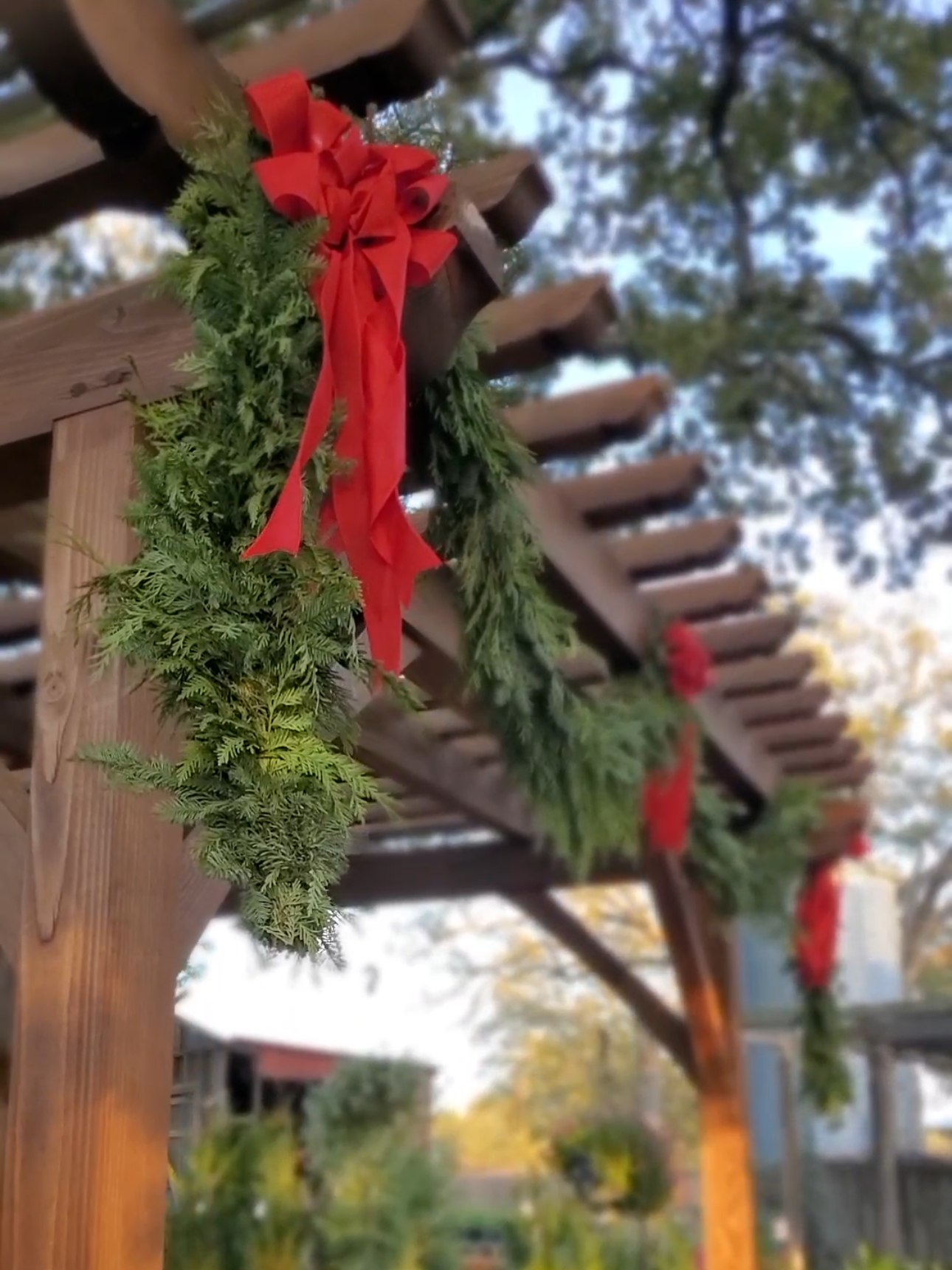 Close-up of a Christmas wreath with a large red bow, attached to a wooden structure outdoors, with trees and a blue sky in the background.