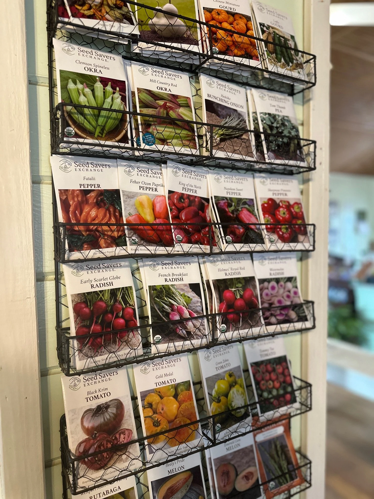 A display rack filled with seed packets for various vegetable and flower seeds, including okra, Bunching Onion, pepper, radish, tomato, melon, and rutabaga.