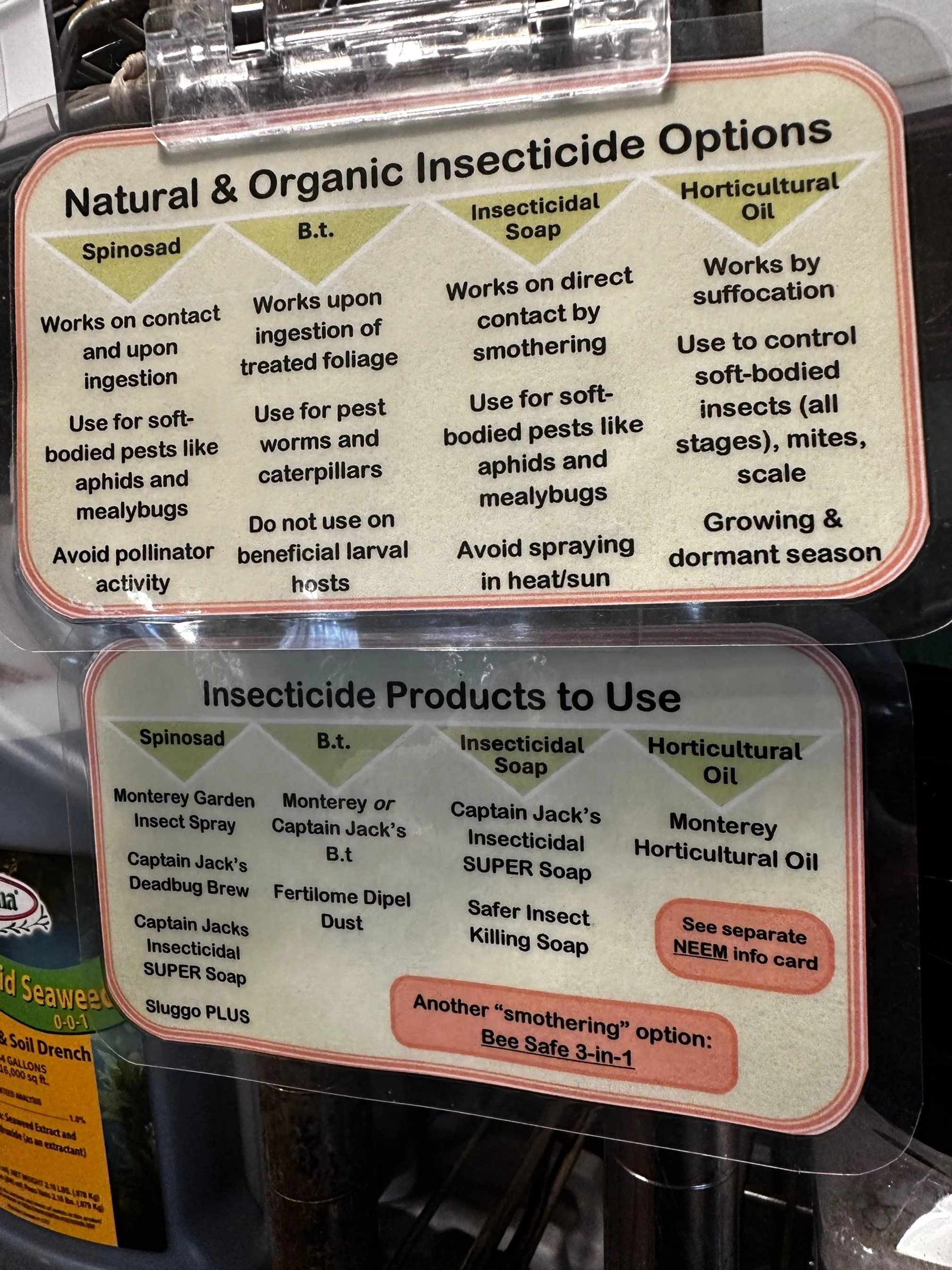 Signboard displaying options for natural and organic insecticides and insecticide products to use, including sprays, soaps, and oils, with specific product names and instructions.