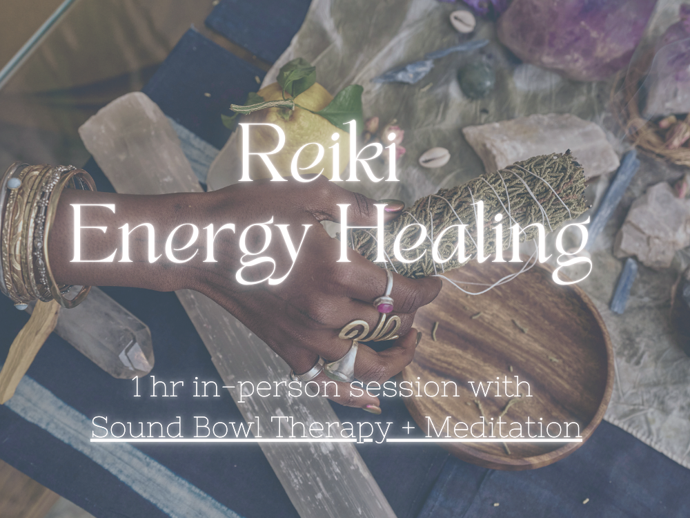 A person holding a sage bundle above a wooden bowl, with crystals, stones, and shells on a cloth background, promoting a Reiki energy healing session.