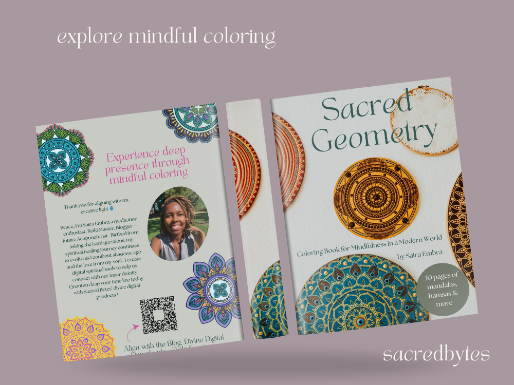 Open coloring book titled 'Sacred Geometry' featuring mandalas and geometric patterns, with a purple background and the text 'explore mindful coloring' at the top.
