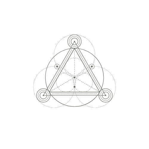 An intricate geometric design featuring interconnected overlapping circles, lines, and a central triangle, resembling a complex alchemical or mystical diagram.