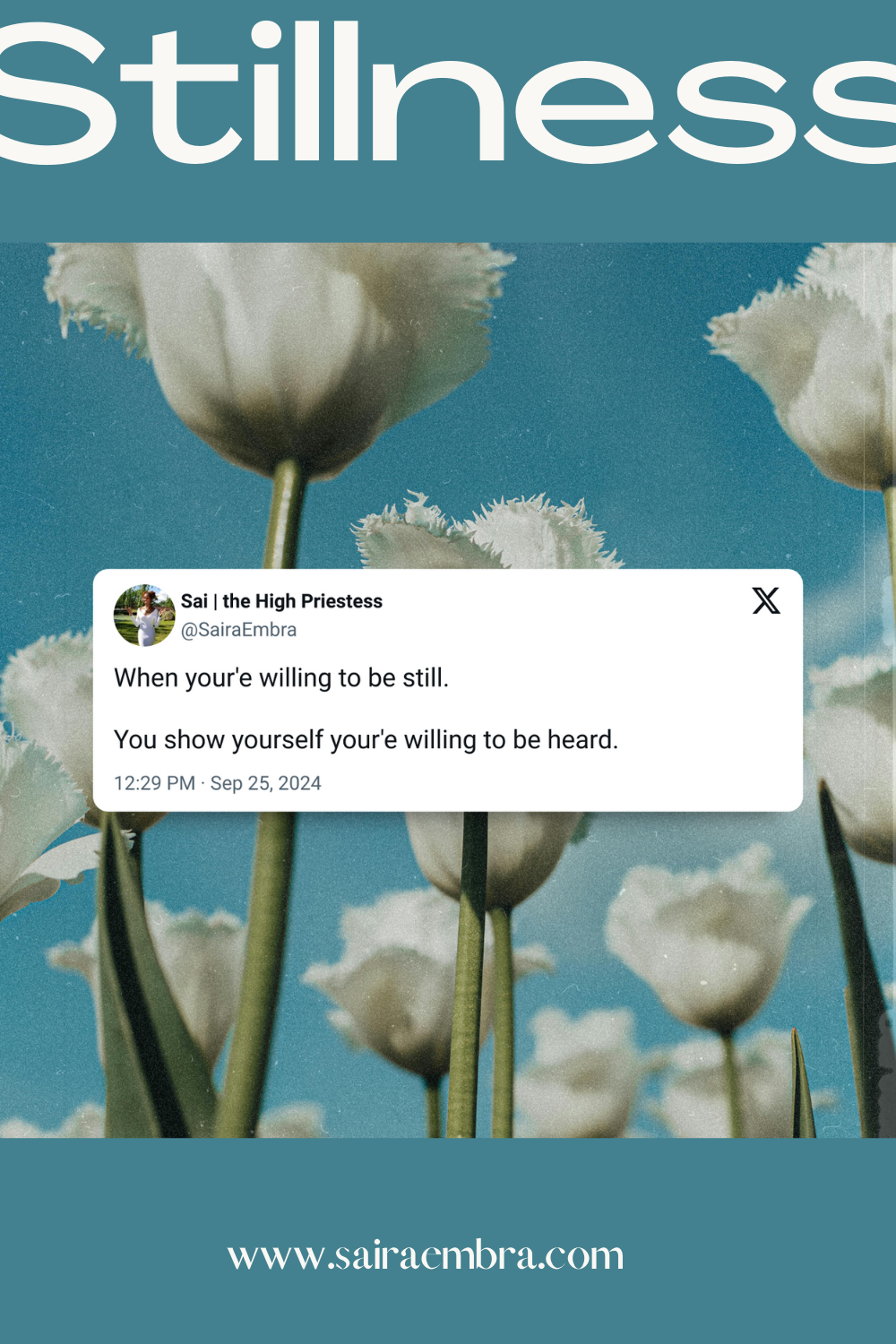 Background of white flowers against a blue sky with text overlay and a social media quote.