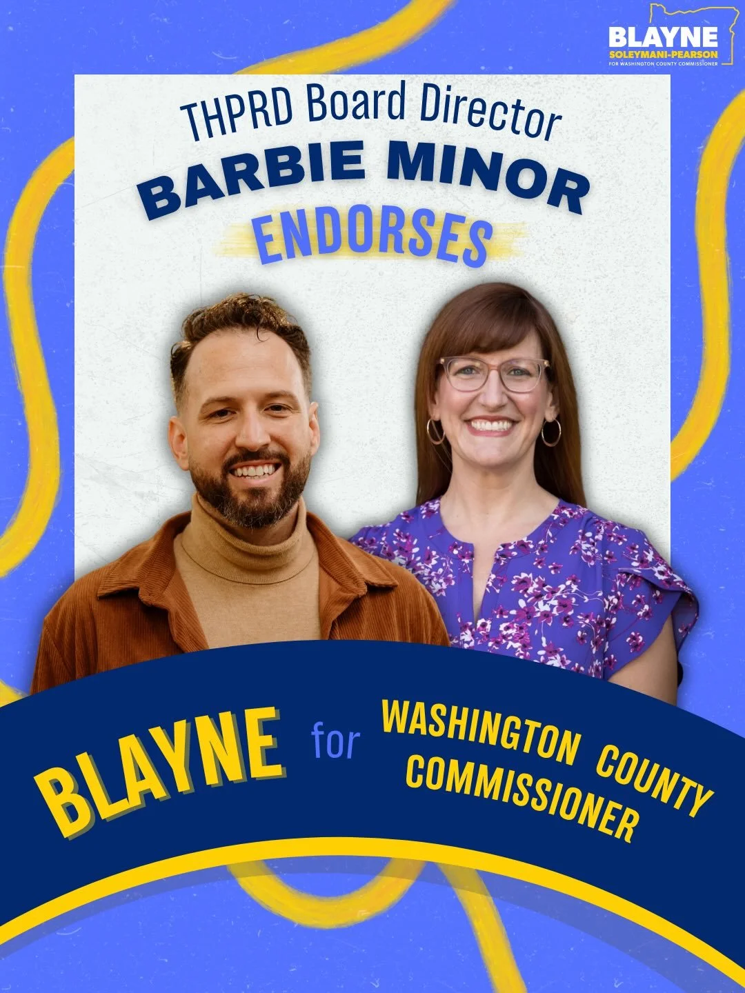Excited to announce I have been endorsed by THPRD Board Director, Barbie Minor. Grateful for the trust and support. 

#beaverton #hillsboro #washingtoncounty #blayneforall #endorsement countycommissioner