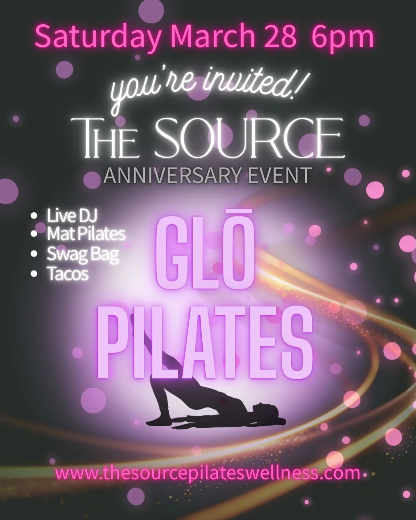 ✨ ONE YEAR OF THE SOURCE ✨

We&rsquo;re celebrating the only way we know how&hellip; GLŌ style.

Join us Saturday, March 28 at 6PM for our 1-Year Anniversary Glow Pilates Party 🖤

Neon on. Lights down. Energy up.

What&rsquo;s going down:
🔥 Mat Pil