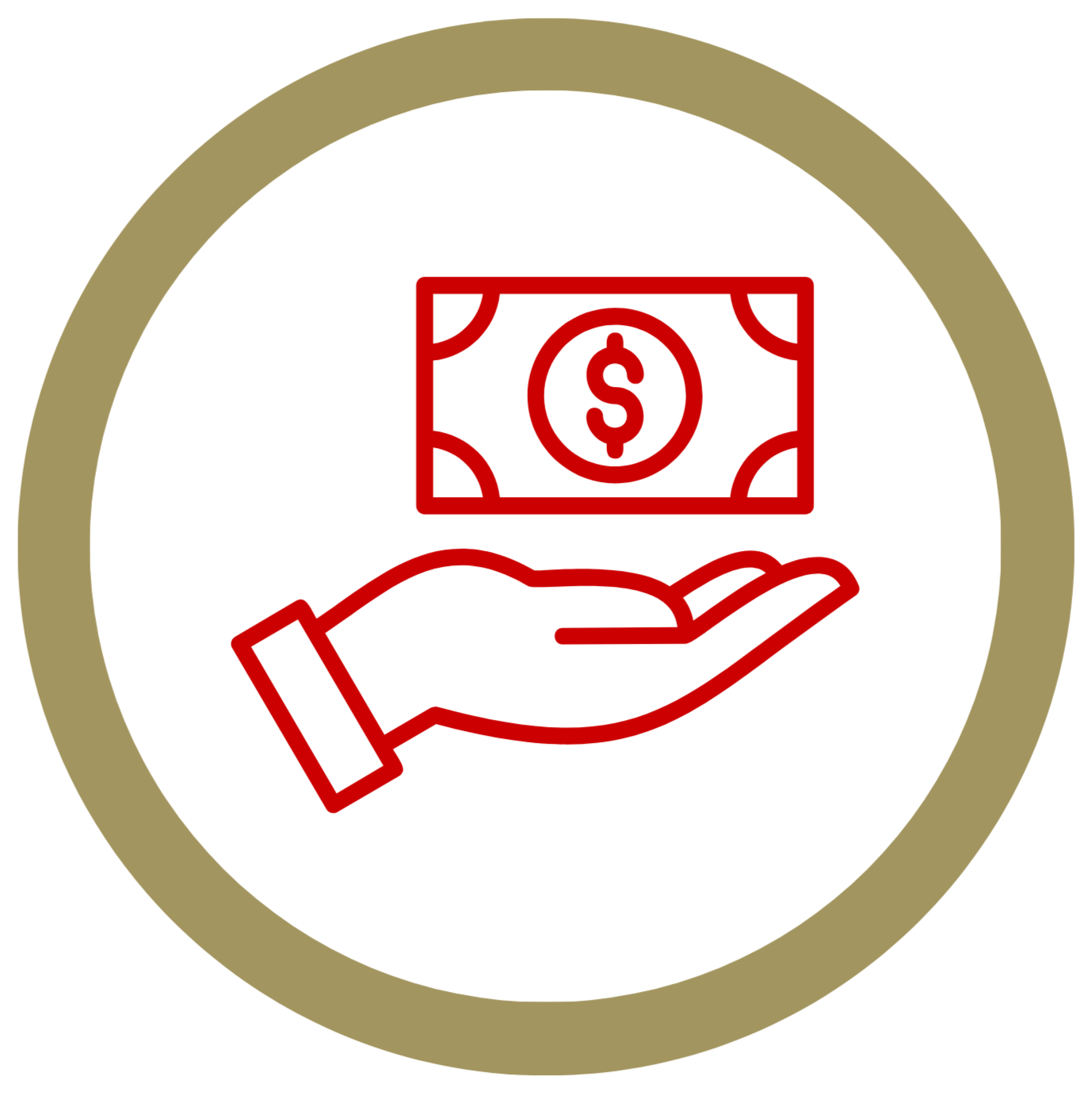 Red outline of a hand holding a dollar bill, enclosed in a circle with a gold border.