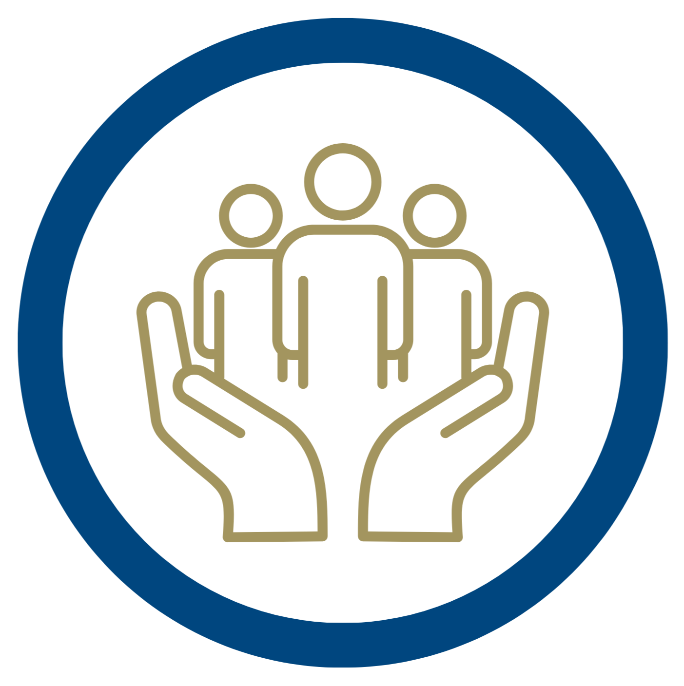 Outline illustration of two hands holding three people, symbolizing support or community.