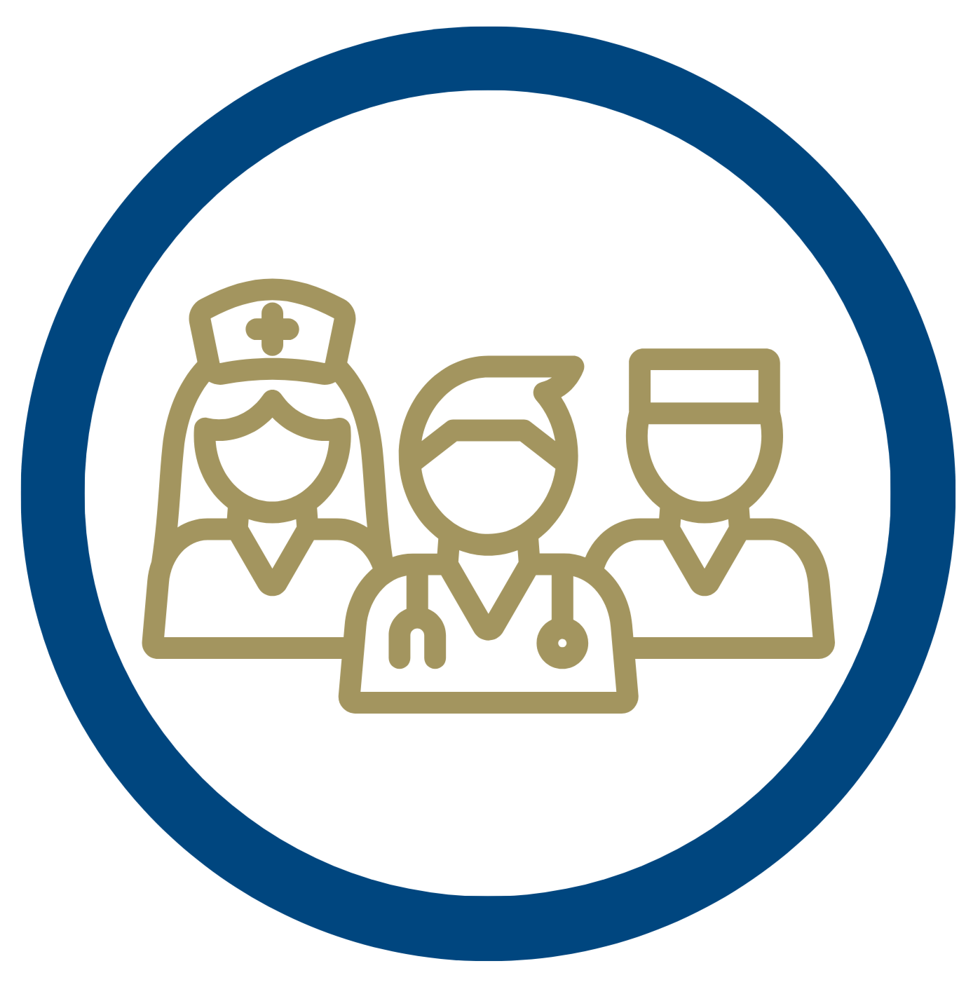 Icon of healthcare professionals including a female nurse, a male doctor, and a male nurse in medical uniforms.