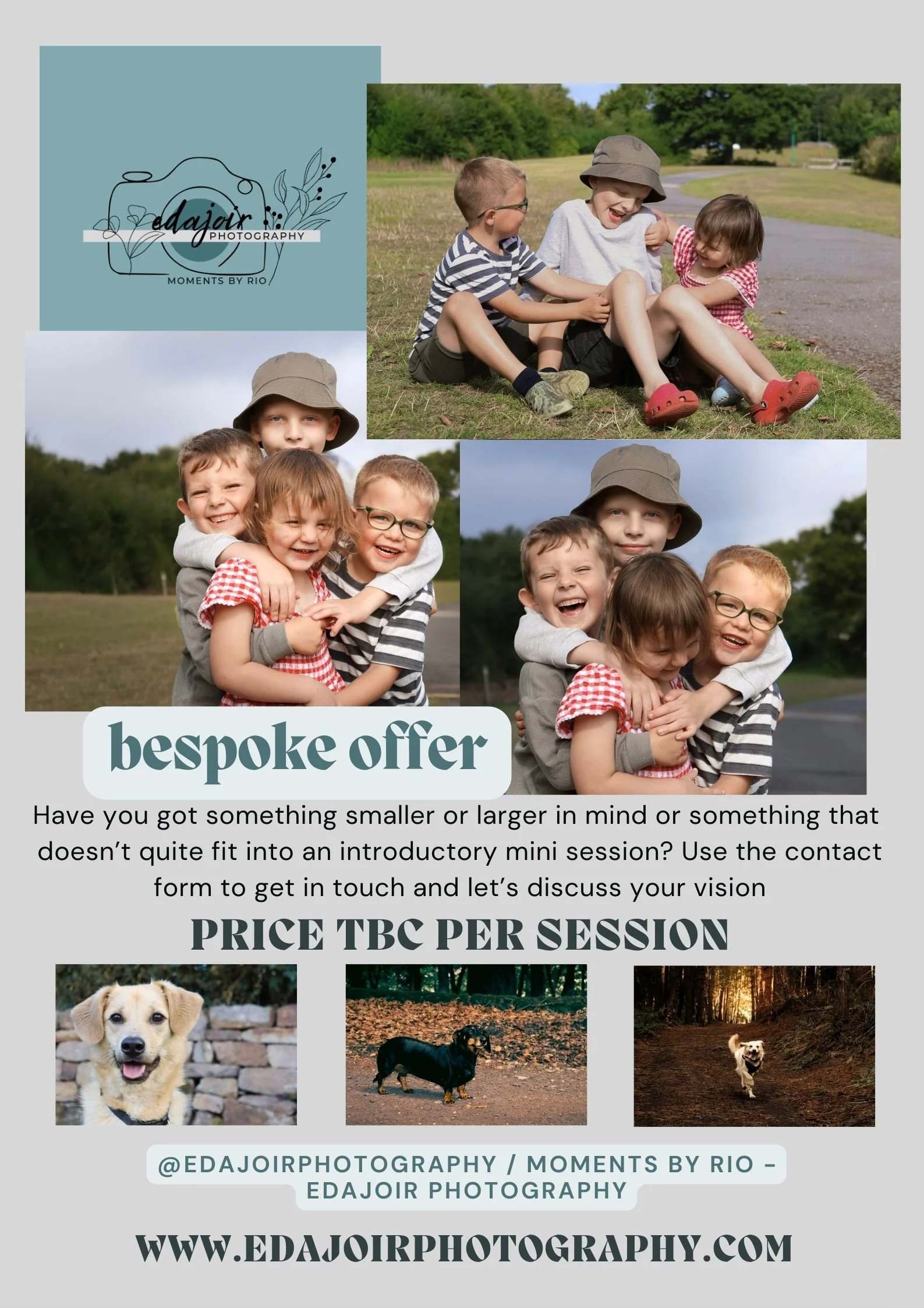 A flyer for Eda Jair Photography featuring photos of children playing outdoors and images of dogs, promoting customized mini photography sessions.