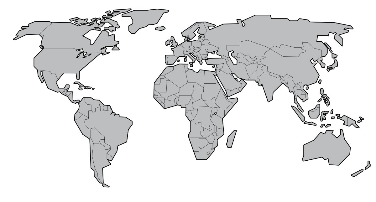 A digital world map showing countries in gray with country borders on a black background.