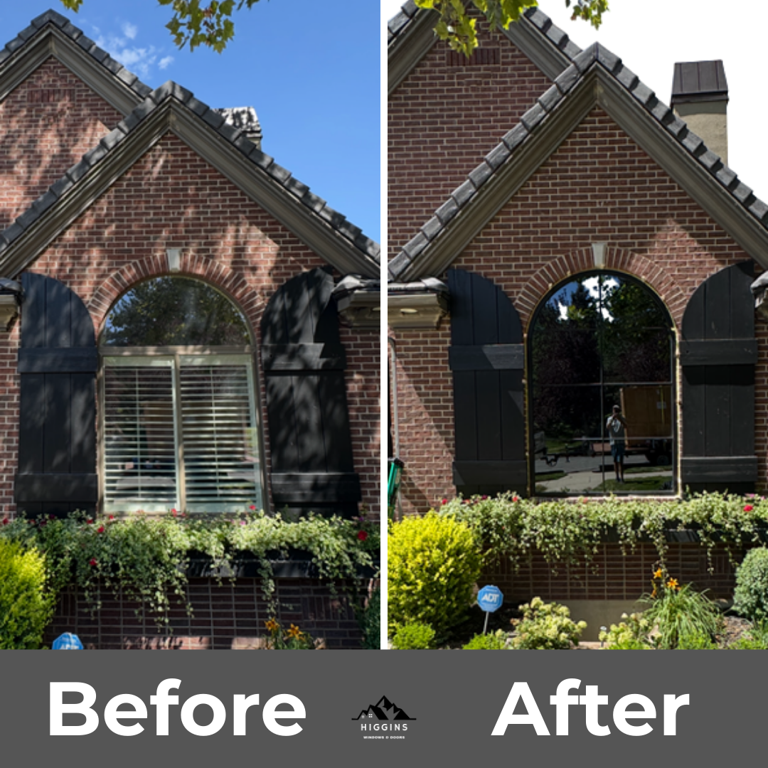 Side-by-side comparison of a house's exterior, showing a window with black shutters before and after cleaning. The 'before' side has dirty, streaked glass and a cluttered window frame, while the 'after' side features a clean, reflective window with n