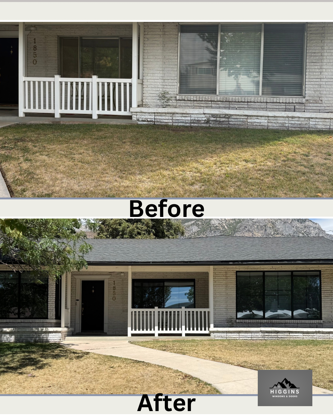 Before and after photos of a house exterior showing a renovation. The before image depicts a small porch with a white railing, a window with blinds, and a brick facade with visible signs of dirt and discoloration. The after image displays a cleaner f