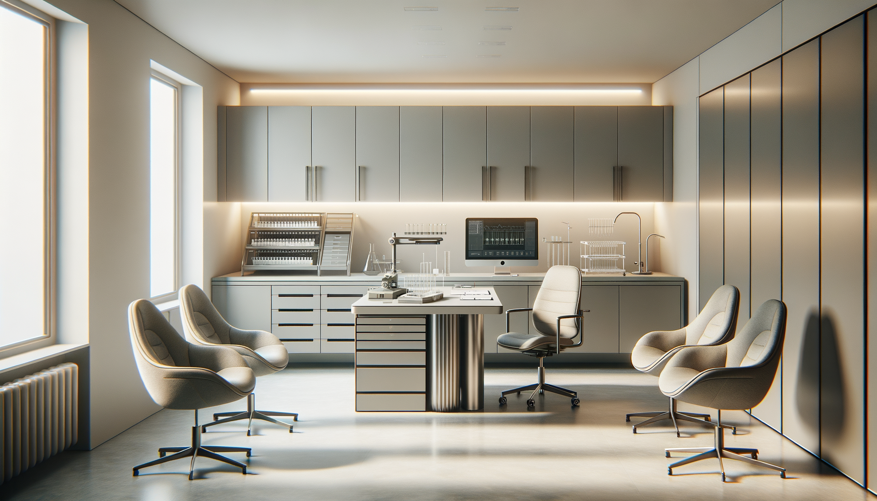 Modern research laboratory with a central desk, four white ergonomic chairs, a computer, and science equipment on the counter, illuminated by natural light from large windows.