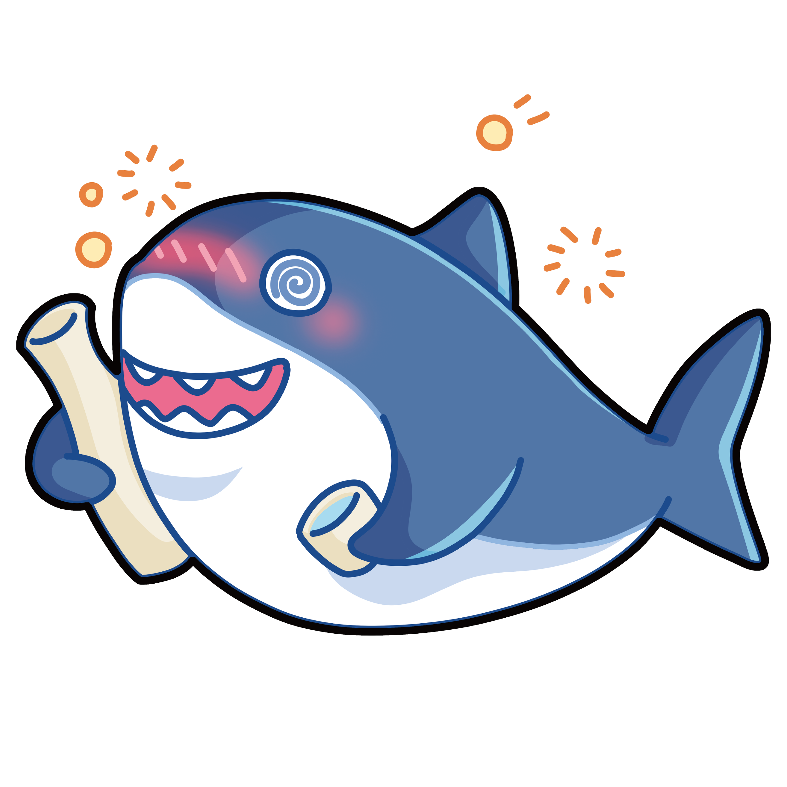 Cartoon shark with a mischievous expression, one eye closed, holding a wooden spoon in front of its face, depicted in a stylized, colorful illustration.