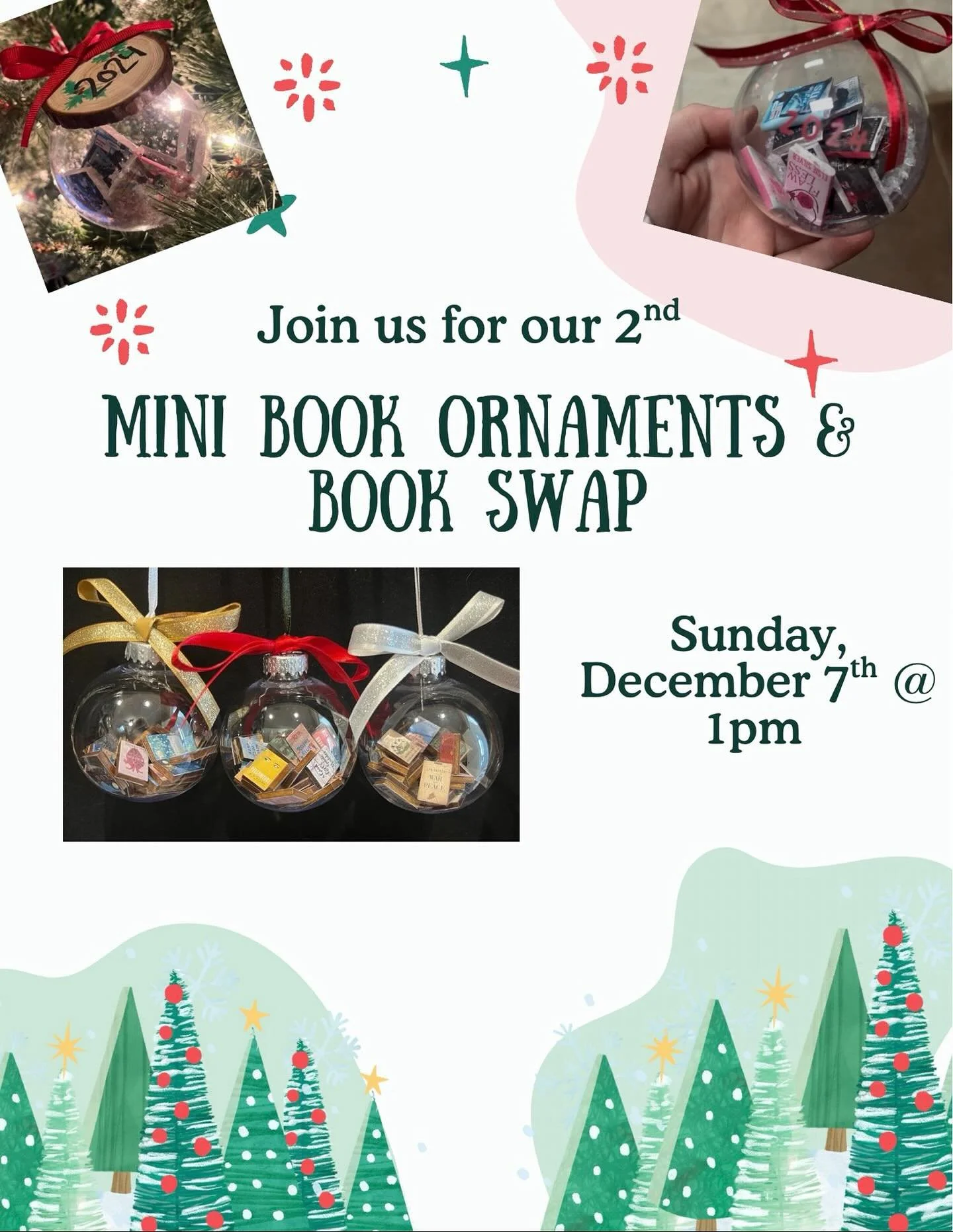 Get your tickets now for our second ornament making event &amp; book swap on our website! 

This event includes 10 mini books of your choice put into an ornament that you can decorate. There will be light refreshments &amp; snacks. Bring a wrapped ne