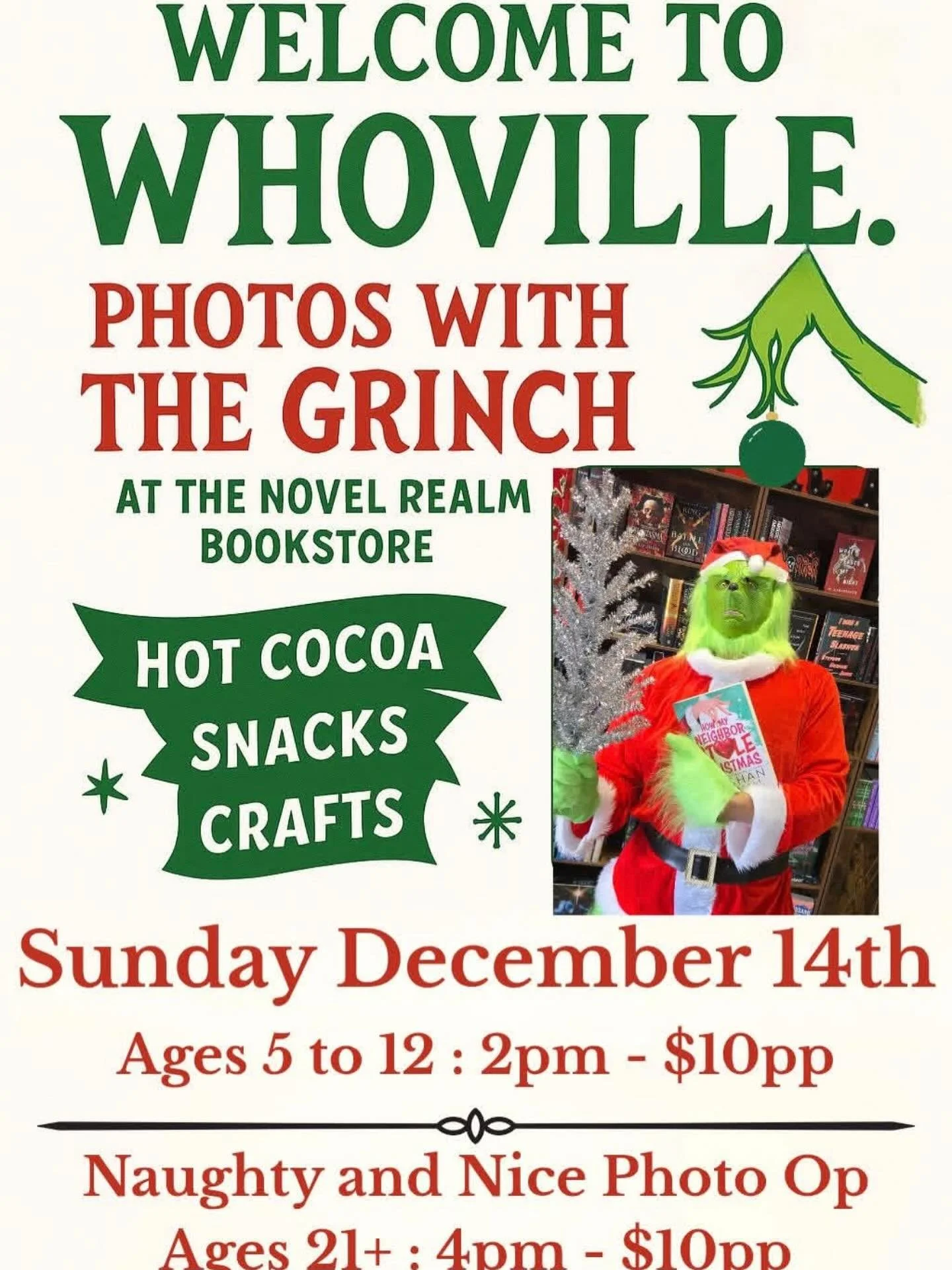 🎄💚 WELCOME TO WHOVILLE &ndash; PHOTO DAY WITH THE GRINCH! 💚🎄
at The Novel Realm &mdash; Sunday, December 14th!

Bring the kiddos, bring the holiday cheer, and maybe even&hellip; bring the mischief. 😏

SESSION 1 &mdash; FAMILY FUN!

Welcome to Wh
