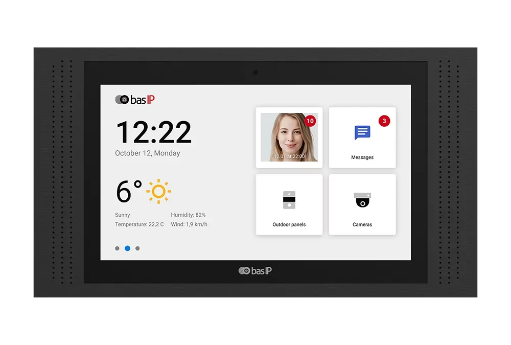 A smart home control panel with weather information, notification icons, and menu options.