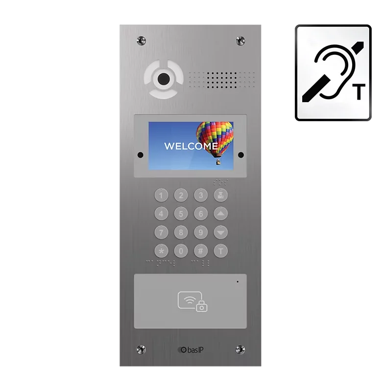 Intercom panel with a screen displaying 'Welcome' and a hot air balloon, keypad, and contactless access symbol, with a hearing-impaired icon on the right.