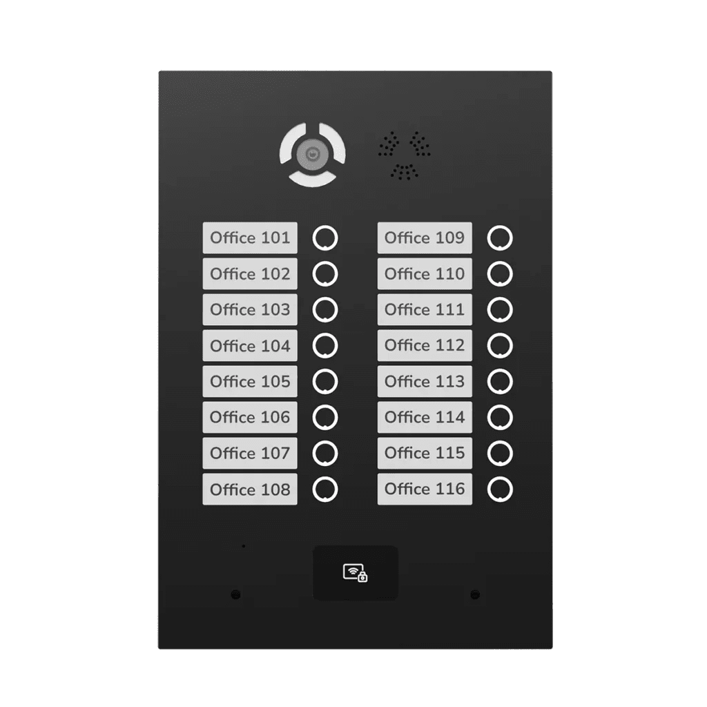 Office intercom panel with buttons labeled for different office rooms, including Office 101 through 108 and 109 through 116, with a speaker and microphone, and a small screen at the bottom.